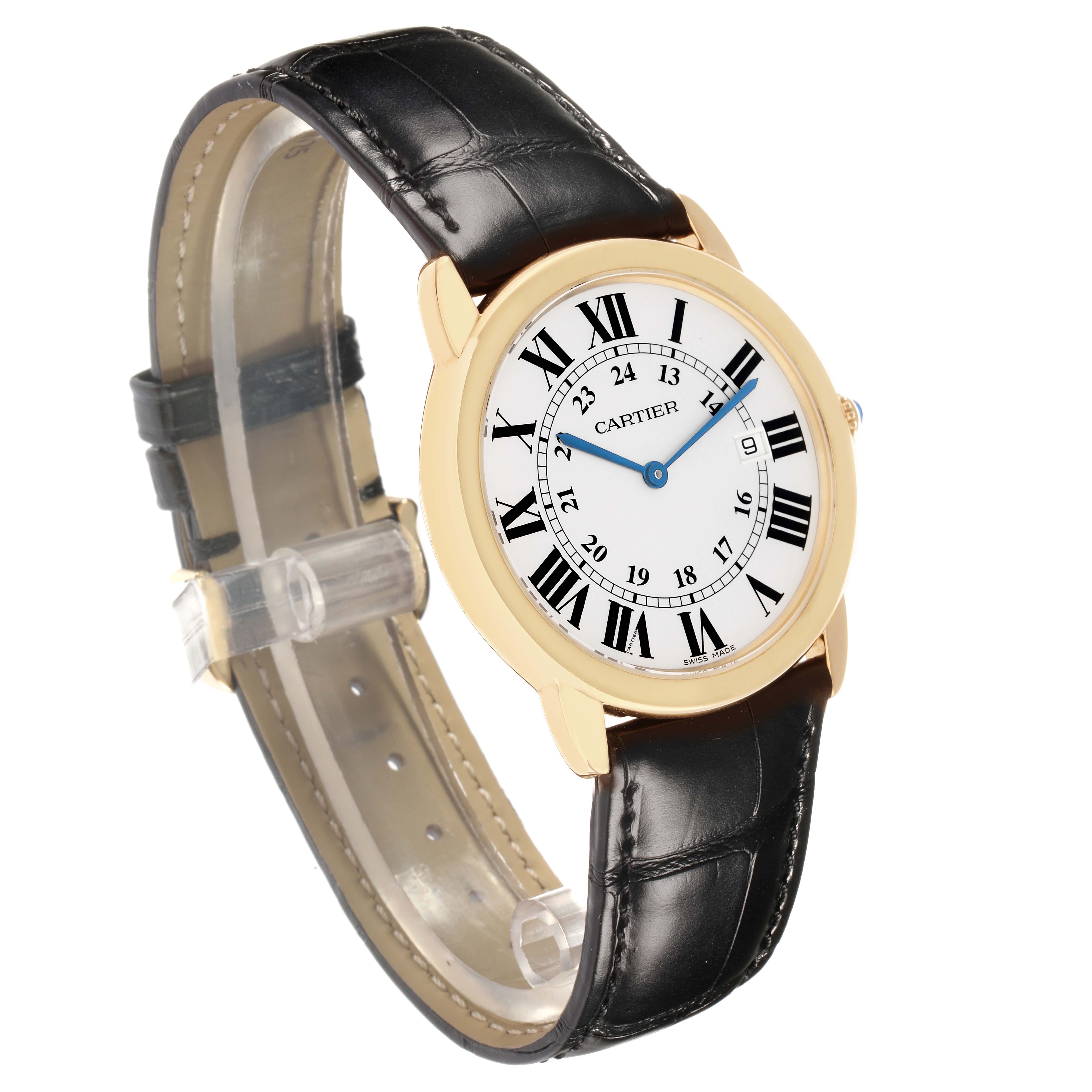 The Cartier Ronde W6700455 Men
s Steel and Gold (two tone) Silver Dial watch is shown at an angled view, highlighting its round face, gold bezel, and black leather strap.