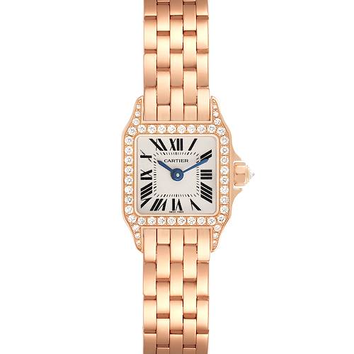 The Cartier Santos Demoiselle WF9011Z8 Women's Rose Gold Silver Dial watch is shown from the front, highlighting its square face, Roman numerals, diamond bezel, and bracelet.