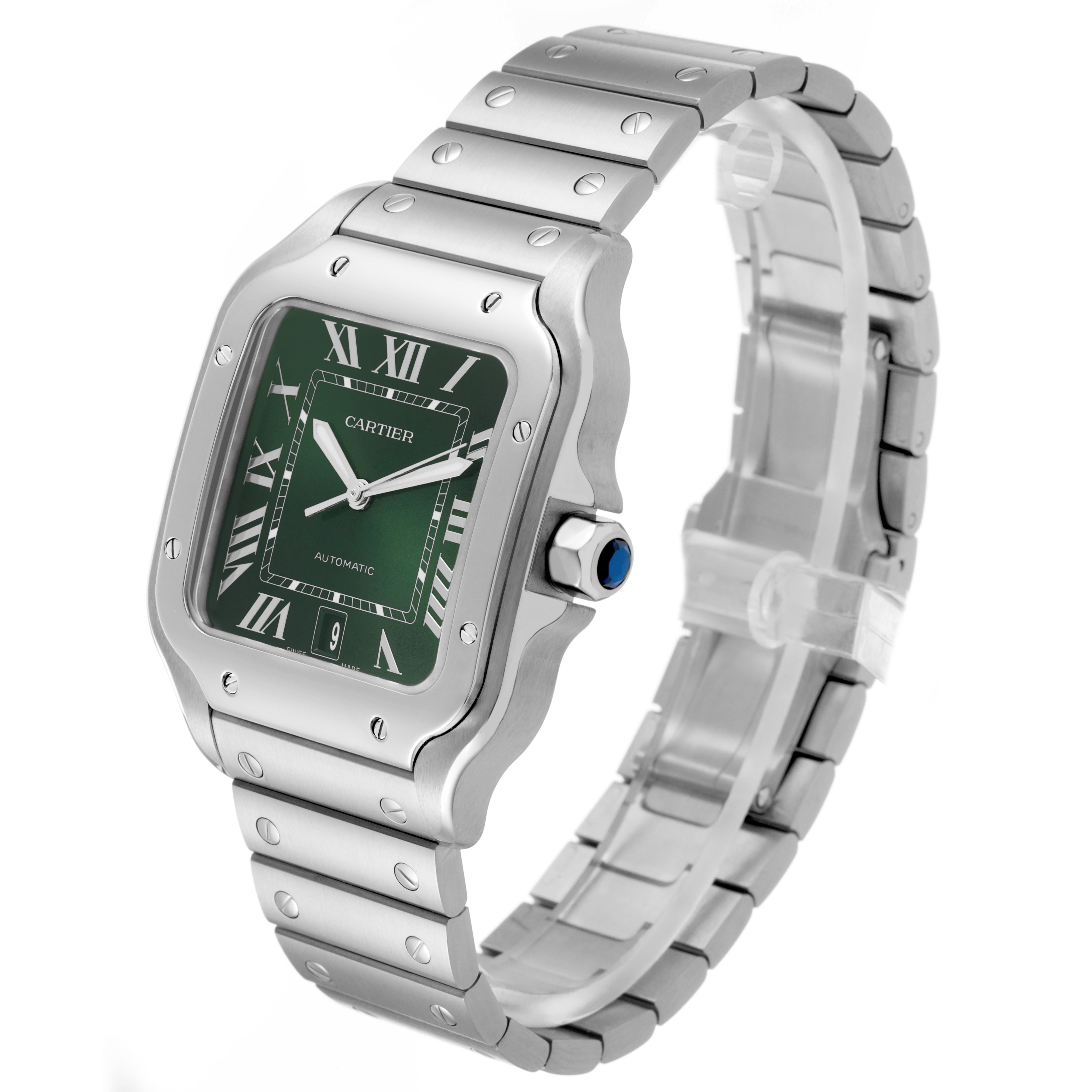 The Cartier Santos WSSA0062 Men's Stainless Steel Green Dial watch is shown at a front-side angle, highlighting its green dial, stainless steel case, and bracelet.