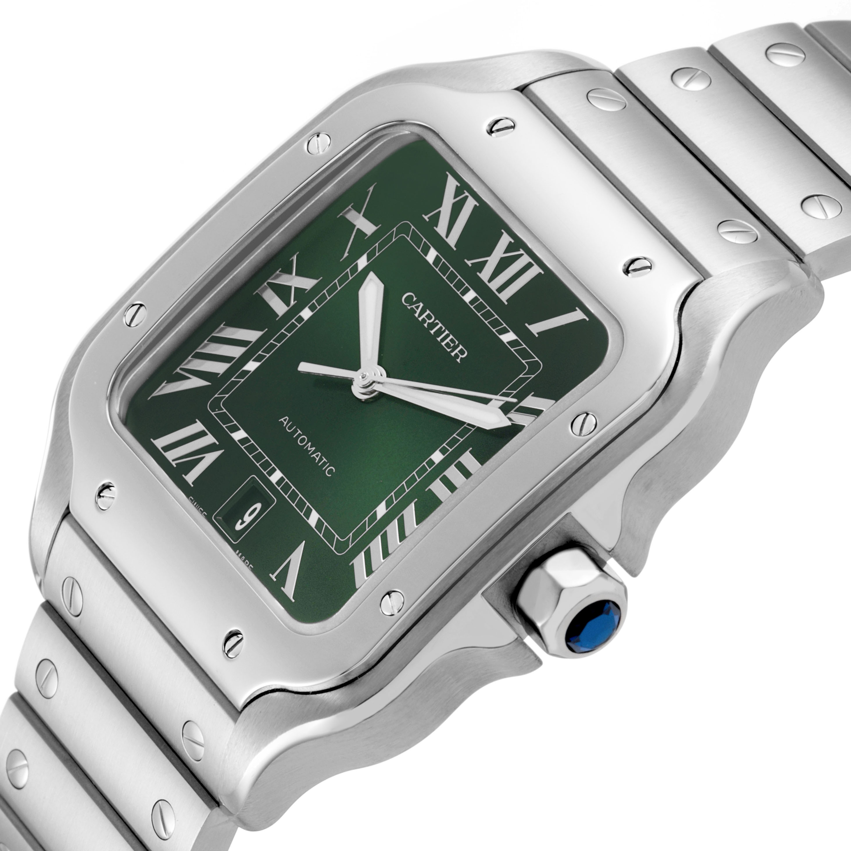The Cartier Santos WSSA0062 Men's Stainless Steel Green Dial watch is shown at an angled close-up, highlighting the green dial, Roman numerals, and metal bracelet.