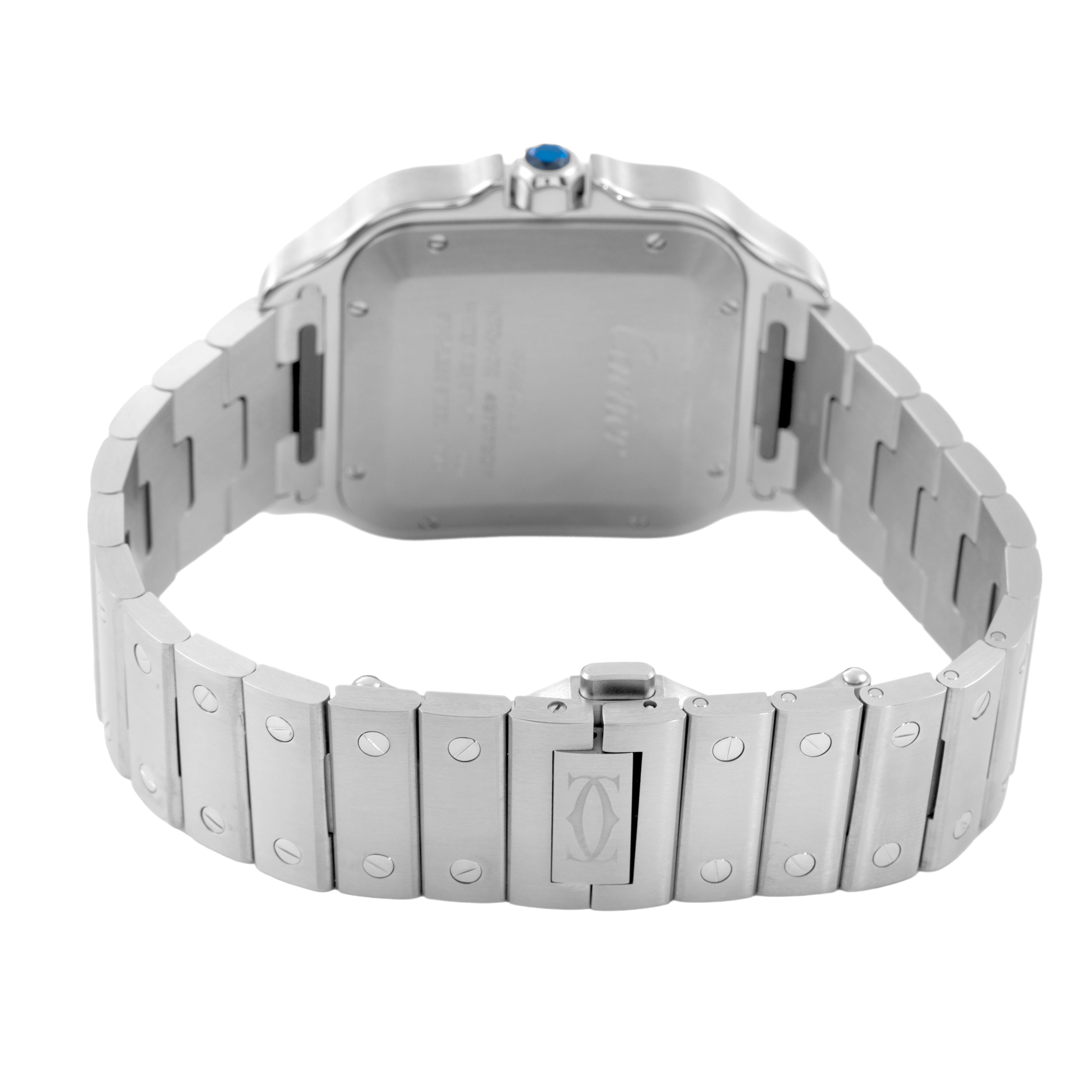 The image shows the Cartier Santos WSSA0062 Men's Stainless Steel Green Dial model watch from the back, featuring its metal bracelet and clasp with the Cartier logo.