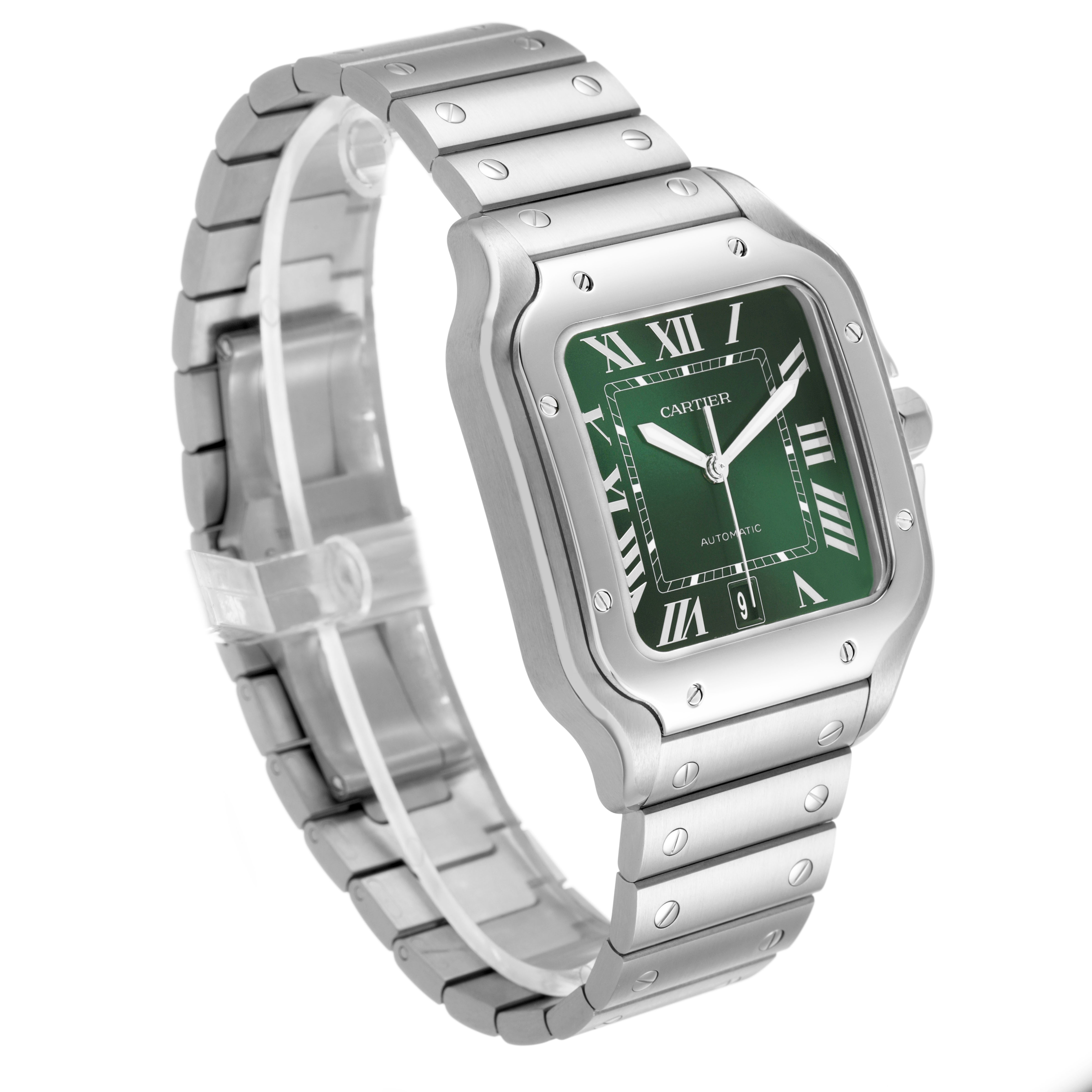The Cartier Santos WSSA0062 Men's Stainless Steel Green Dial watch is shown at a three-quarter angle, displaying the face, bezel, and full bracelet.