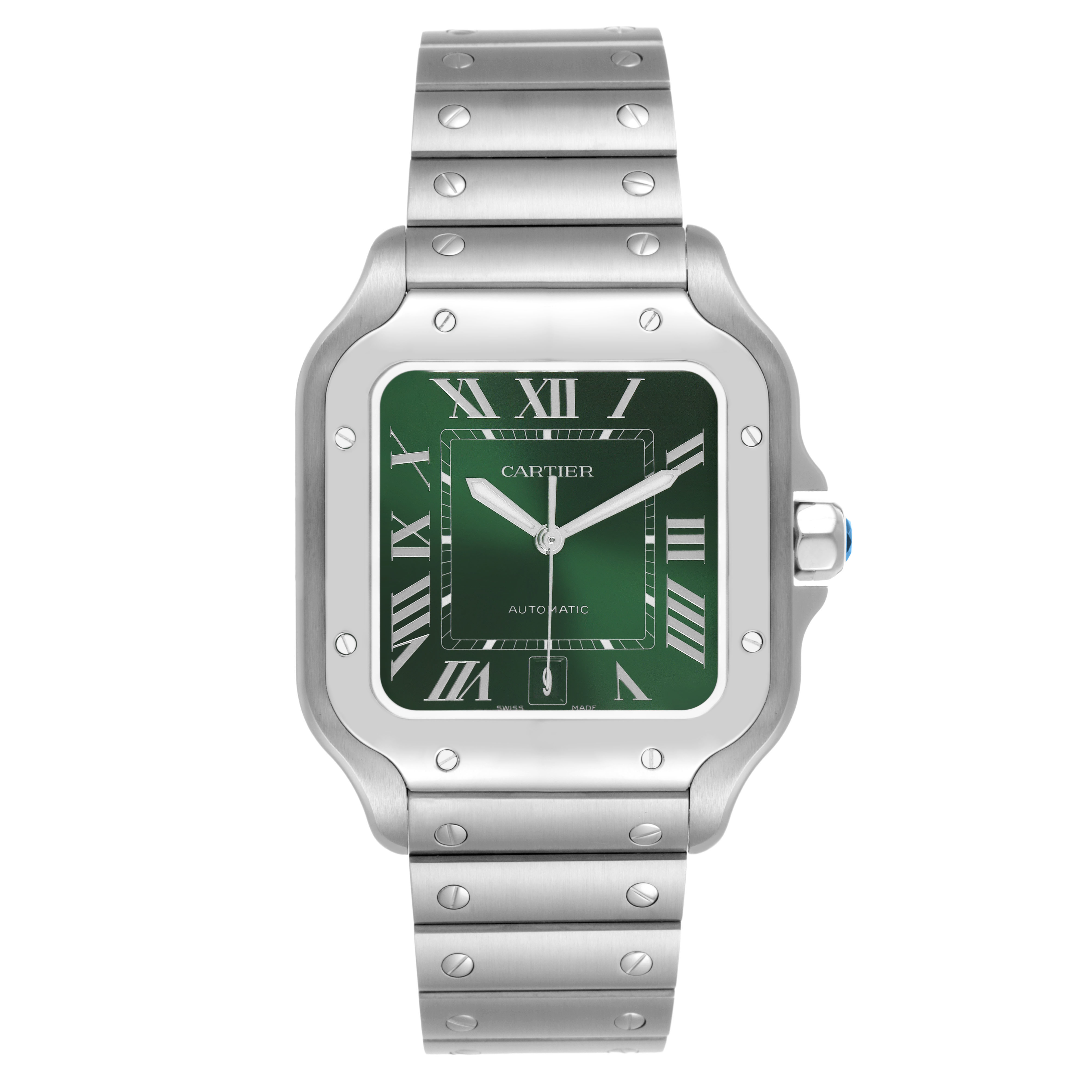 The Cartier Santos WSSA0062 Men's Stainless Steel Green Dial watch is shown from the front, displaying its face, bezel, bracelet, and crown.