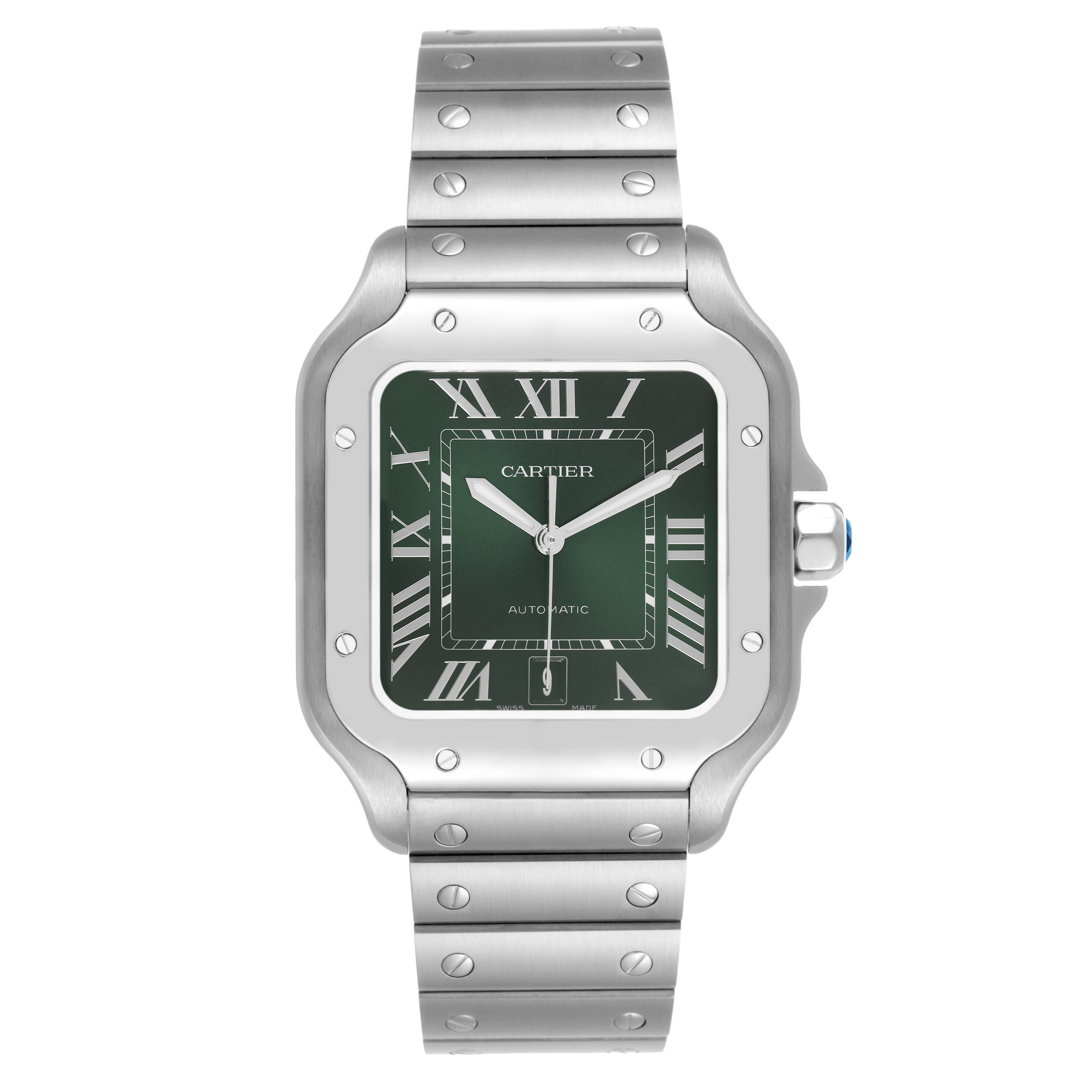 The Cartier Santos WSSA0062 Men's Stainless Steel Green Dial watch is shown from the front, displaying its green dial, Roman numerals, metal bezel, and bracelet.