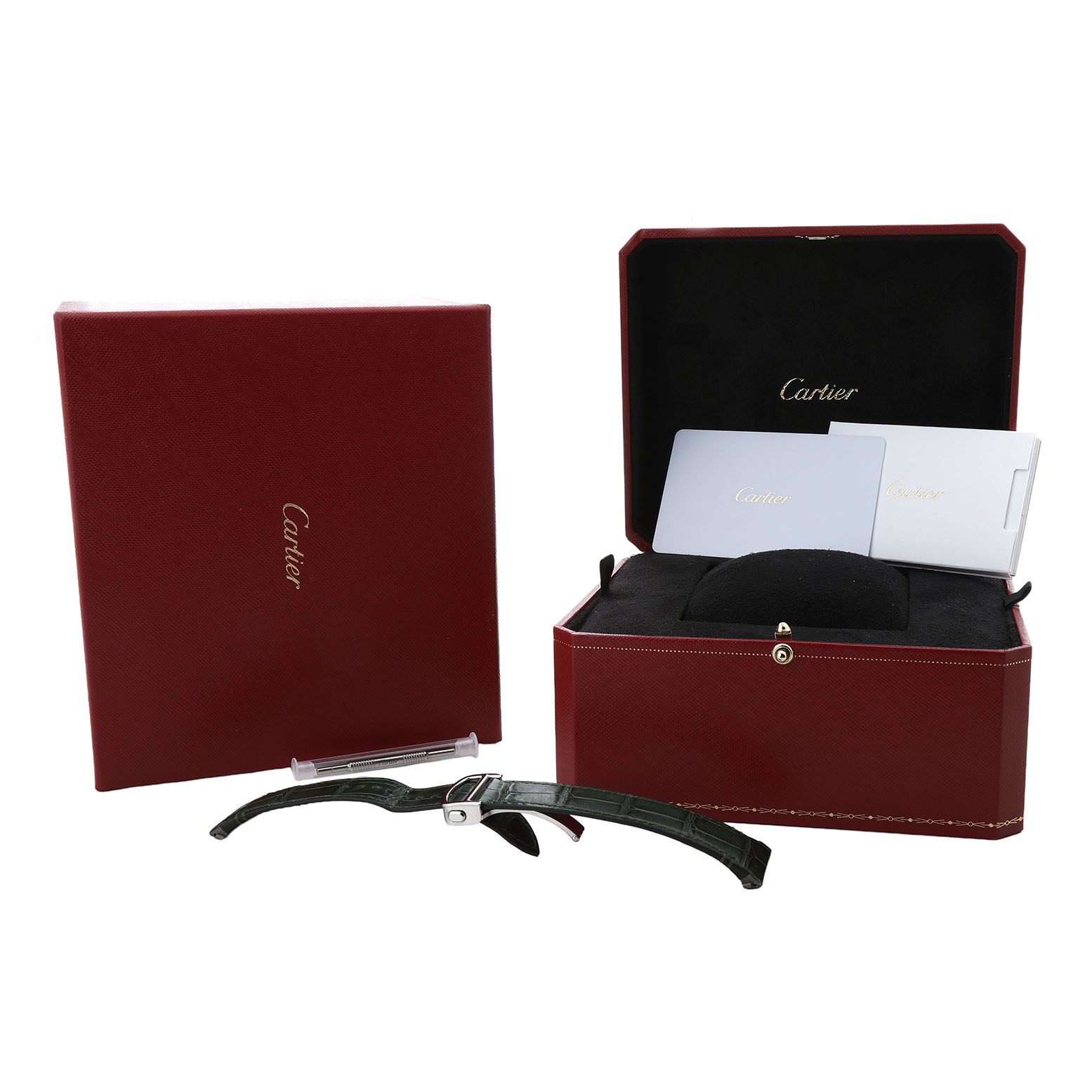 The image shows the Santos watch strap and accessories by Cartier, including a presentation box at a slight angle.