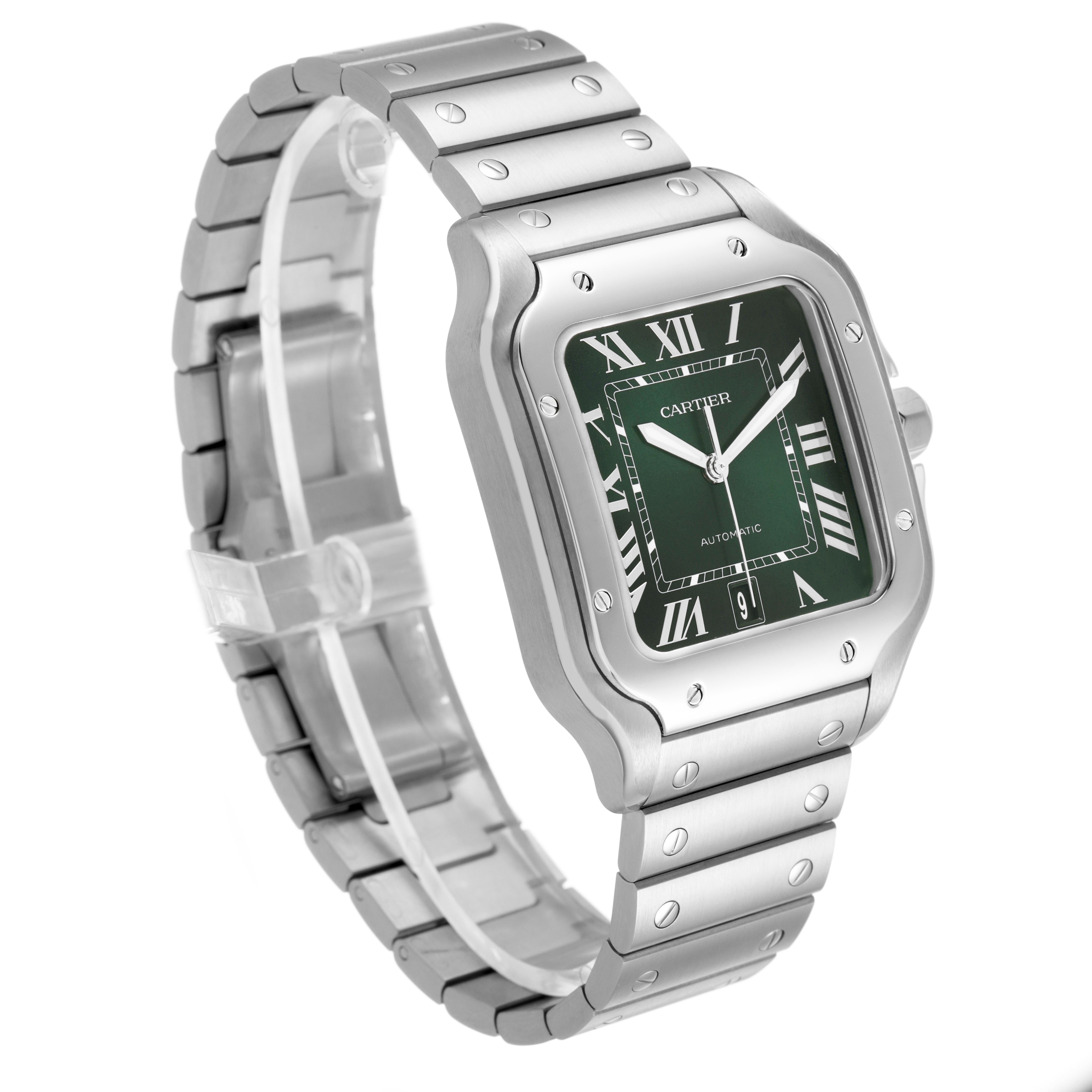 The Cartier Santos WSSA0062 Men's Stainless Steel Green Dial watch is shown at a three-quarter angle, highlighting its bezel, green dial, and metal bracelet.
