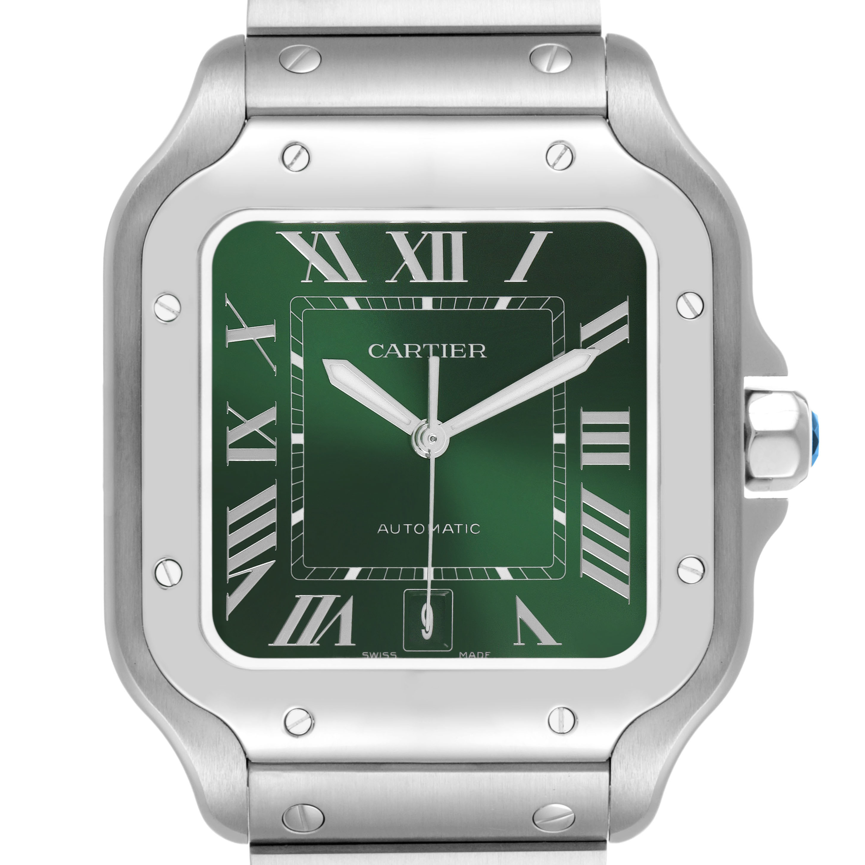The Cartier Santos WSSA0062 Men's Stainless Steel Green Dial watch is shown from the front, detailing the green dial, Roman numerals, and bezel screws.