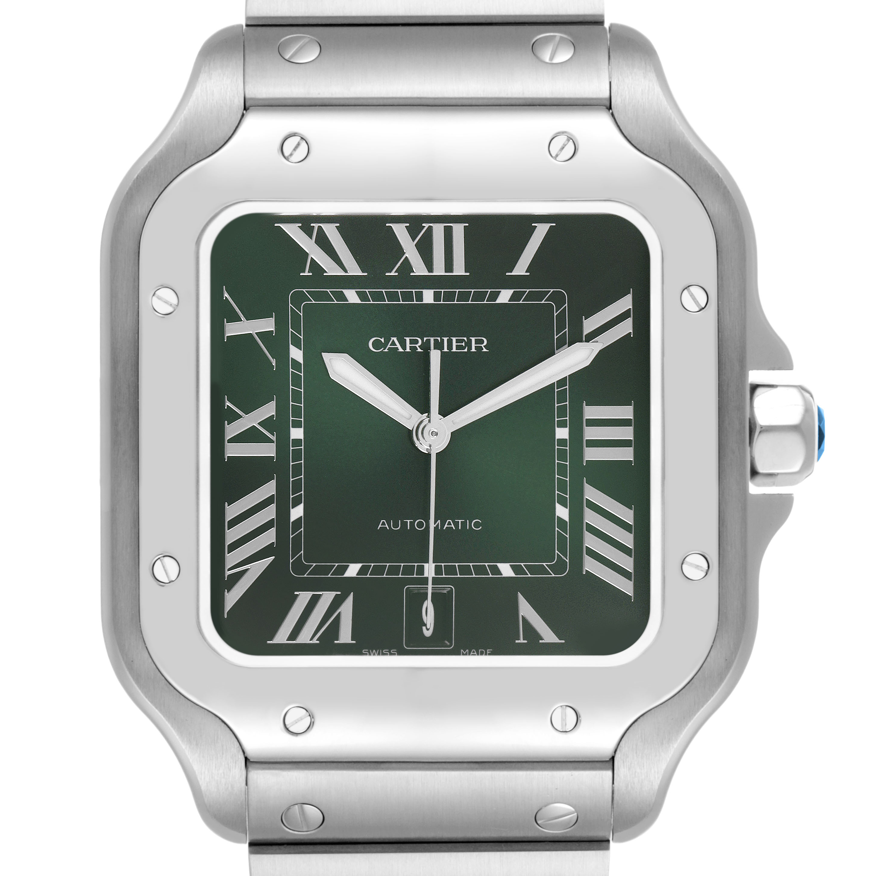 The image shows a front view of a Cartier Santos WSSA0062 Men's Stainless Steel Green Dial watch, highlighting its green dial, Roman numerals, and metal bracelet.