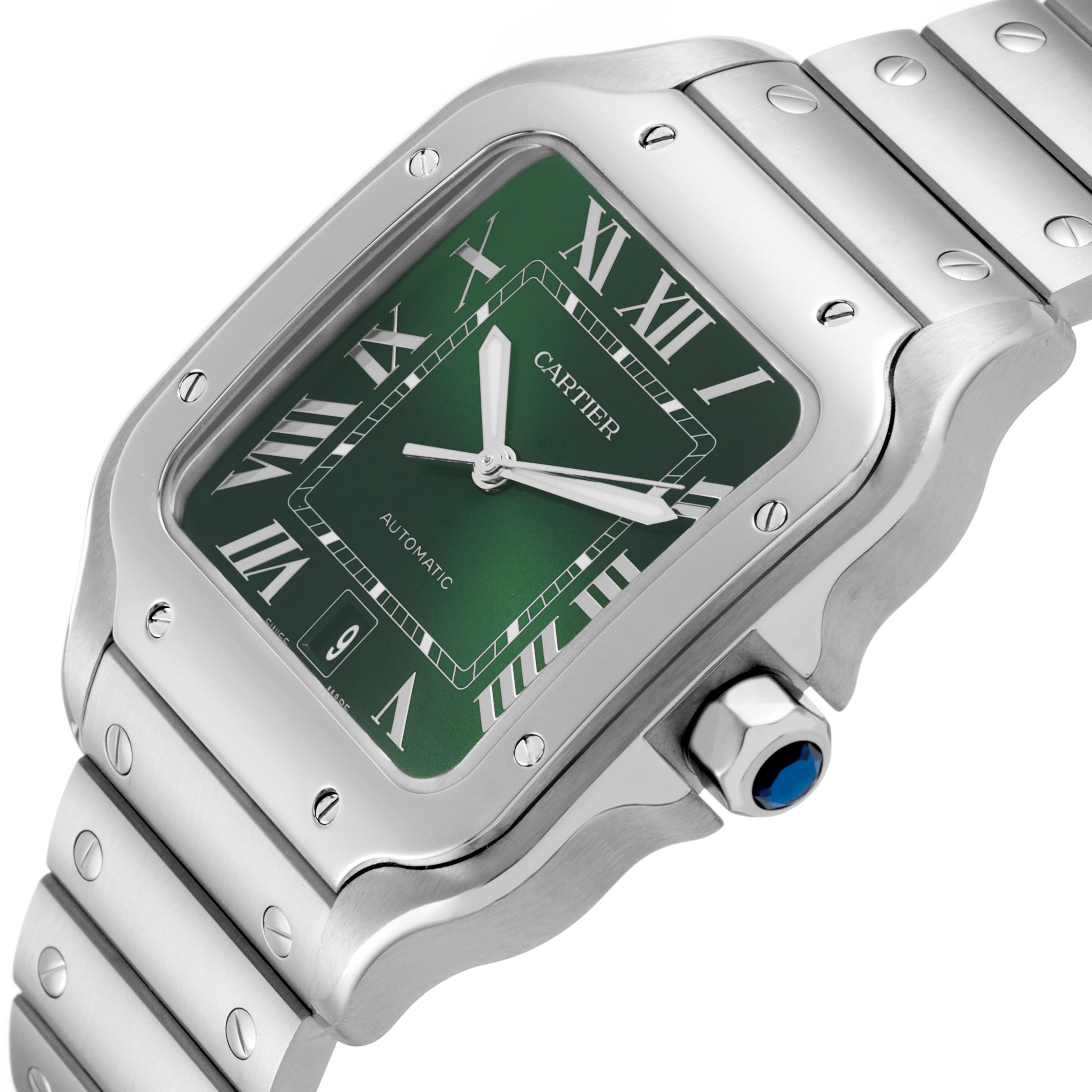 The Cartier Santos WSSA0062 Men's Stainless Steel Green Dial watch is shown at an angle emphasizing the green dial, bezel, crown with a blue gem, and part of the bracelet.