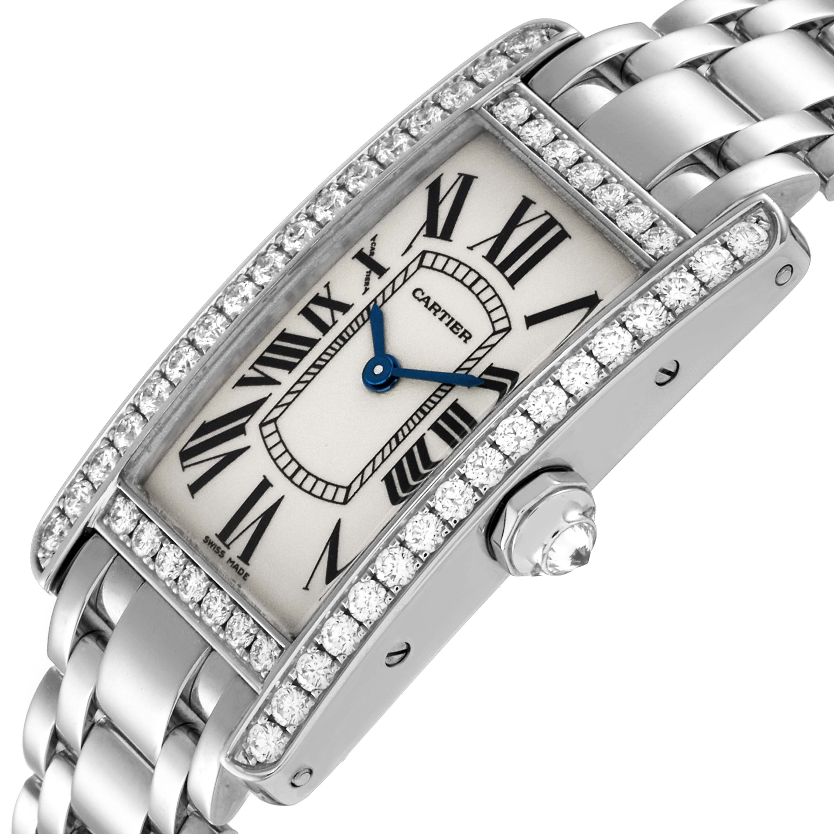 The image displays a close-up angle of the Cartier Tank Americaine WB7073L1 Women
s White Gold Silver Dial WB7073L1 Women
s White Gold Silver Dial model, highlighting the face, bezel, and part of the bracelet.