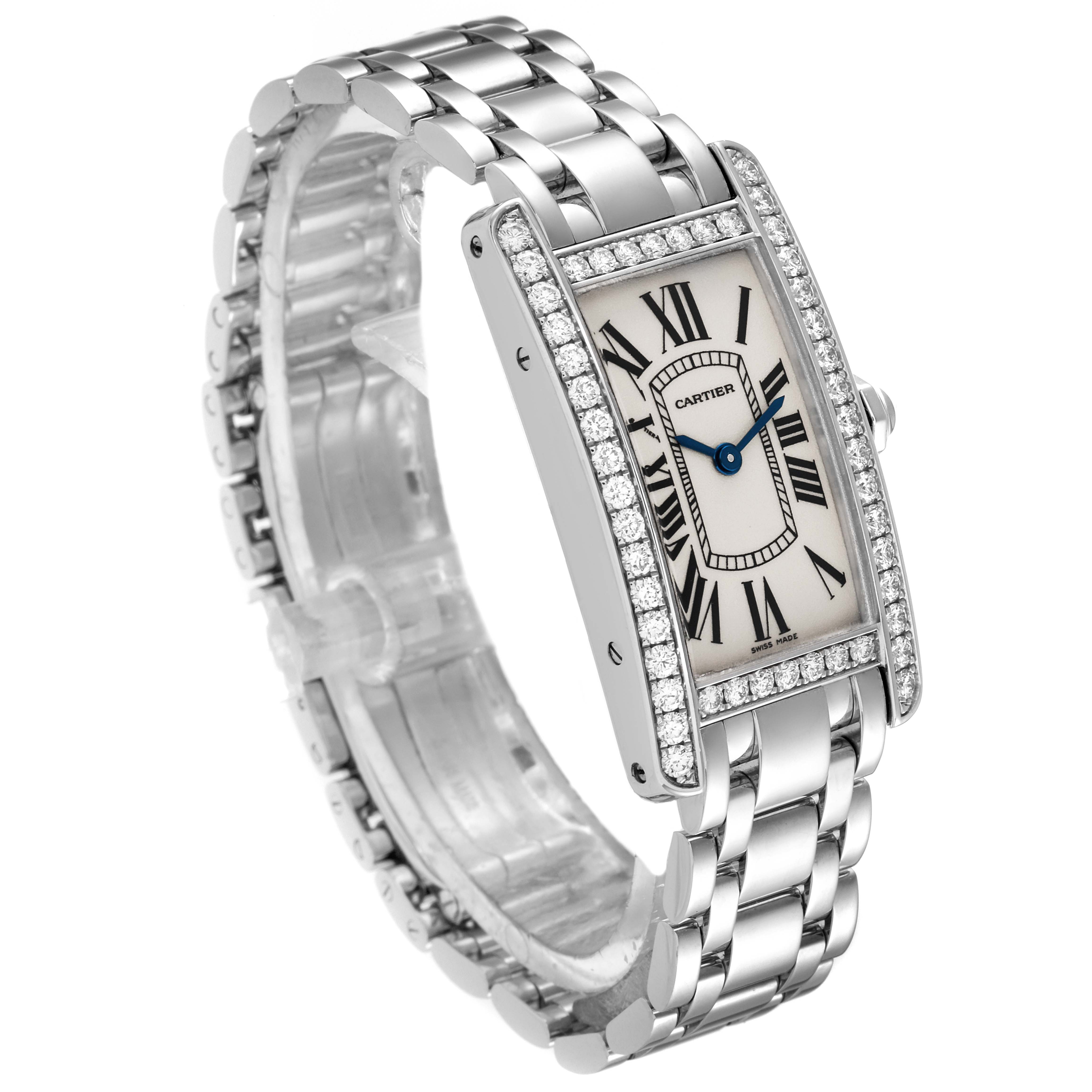 The image shows a Cartier Tank Americaine WB7073L1 Women
s White Gold Silver Dial WB7073L1 Women
s White Gold Silver Dial watch at a three-quarter angle, displaying its face, case, and bracelet.