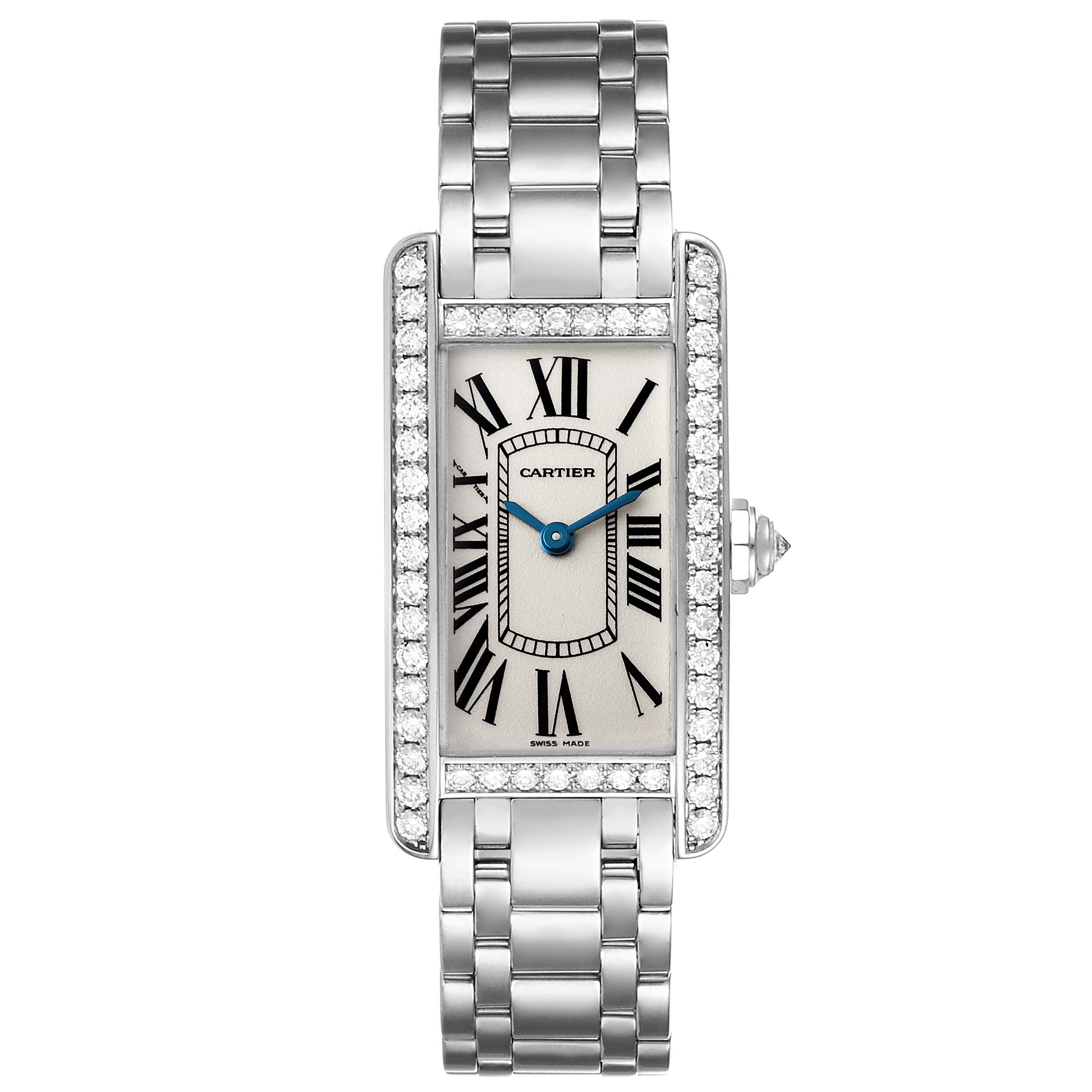 This Cartier Tank Americaine WB7073L1 Women
s White Gold Silver Dial WB7073L1 Women
s White Gold Silver Dial watch is shown from a top-down angle, highlighting its rectangular face and linked band.