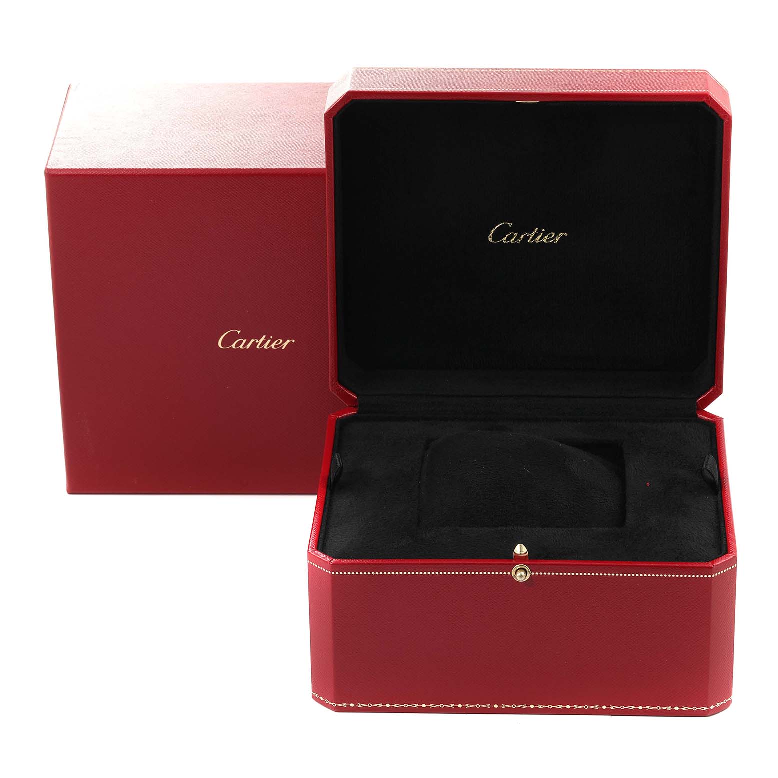 The image shows an empty Cartier watch box for the Tank Americaine model, with the box lid open and the outer box visible.