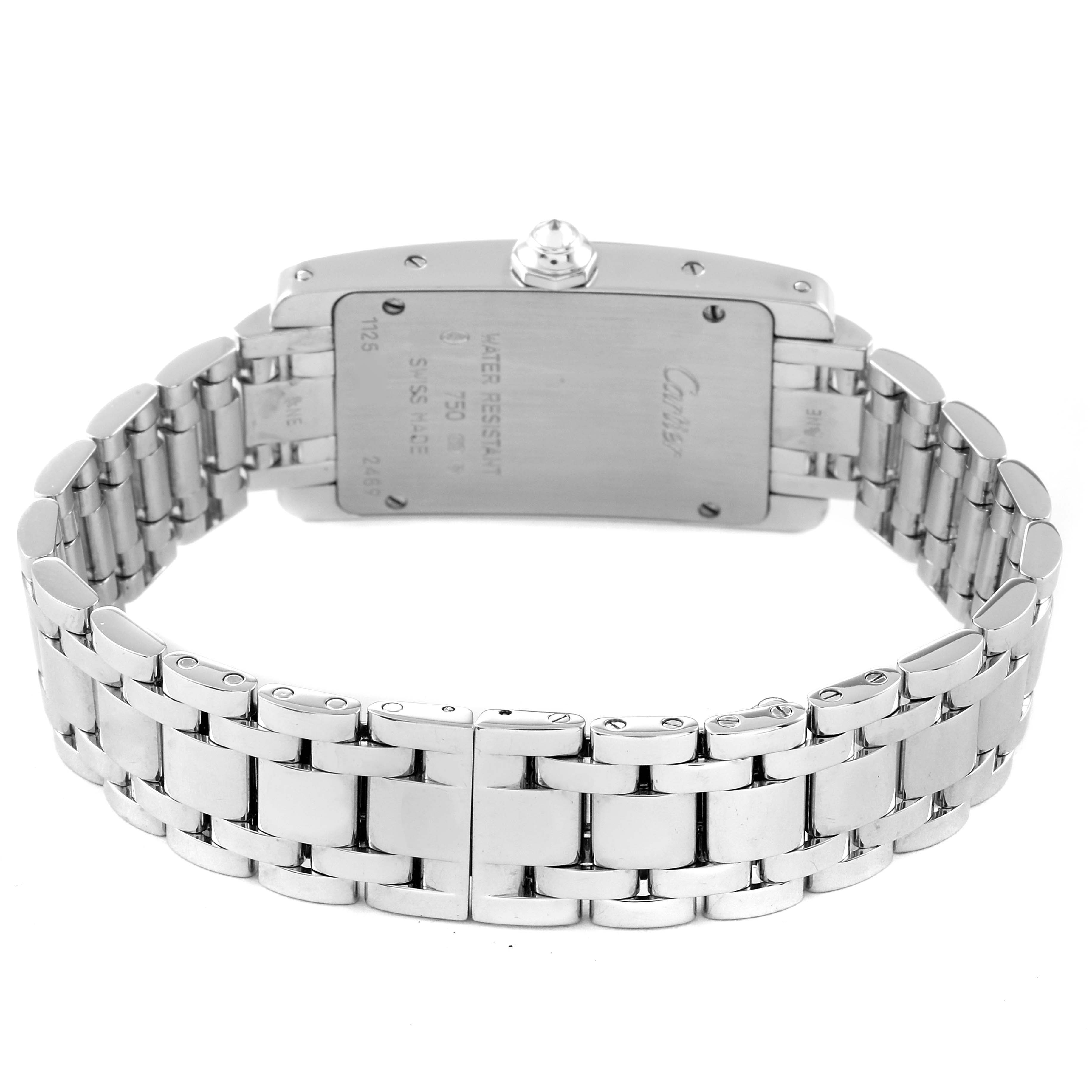 The image shows a rear view of the Cartier Tank Americaine WB7073L1 Women
s White Gold Silver Dial WB7073L1 Women
s White Gold Silver Dial watch, focusing on the back case and the metal bracelet.