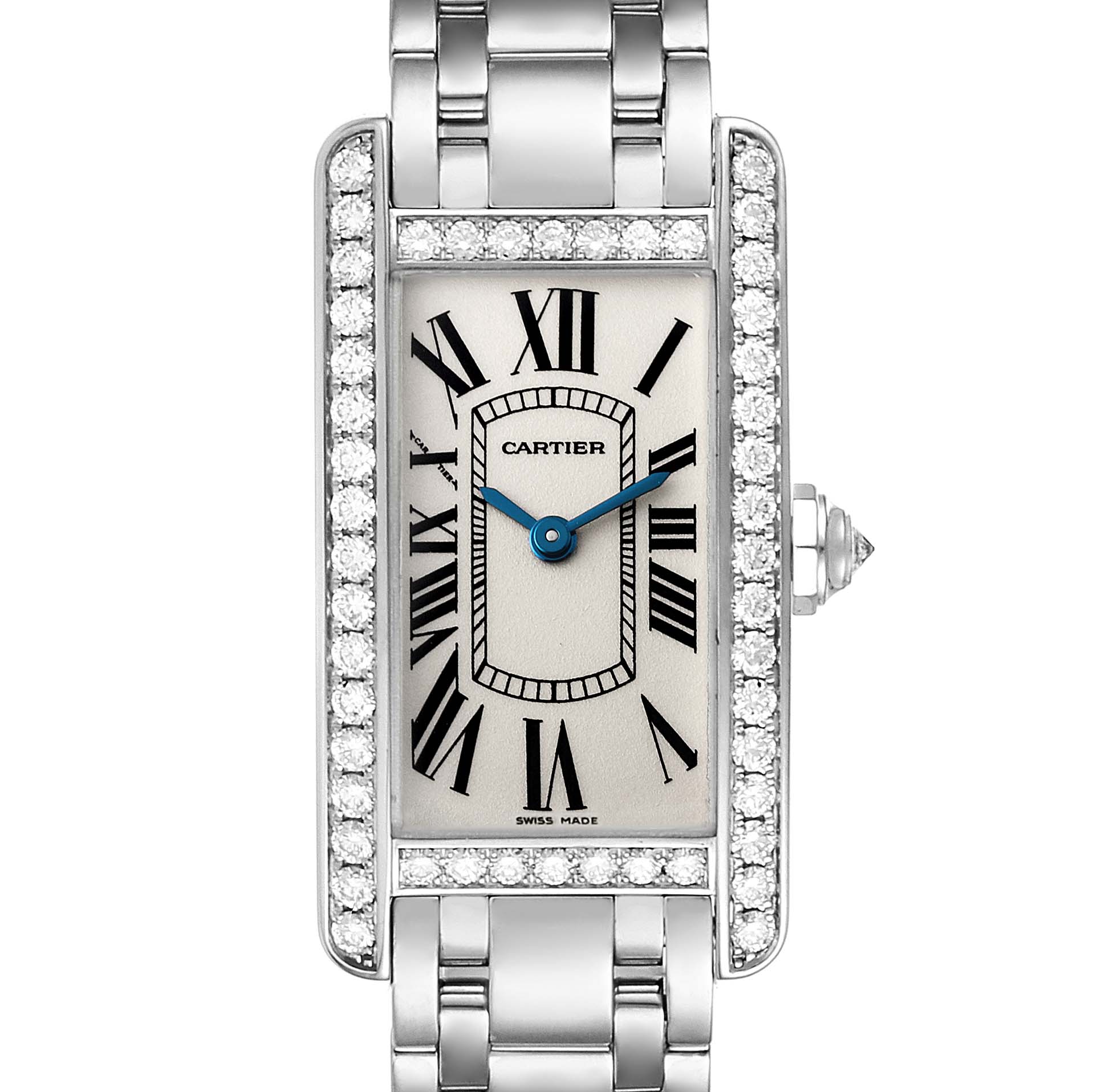 The image shows a front view of a Cartier Tank Americaine WB7073L1 Women
s White Gold Silver Dial WB7073L1 Women
s White Gold Silver Dial watch, highlighting its rectangular face, Roman numerals, and metal bracelet.