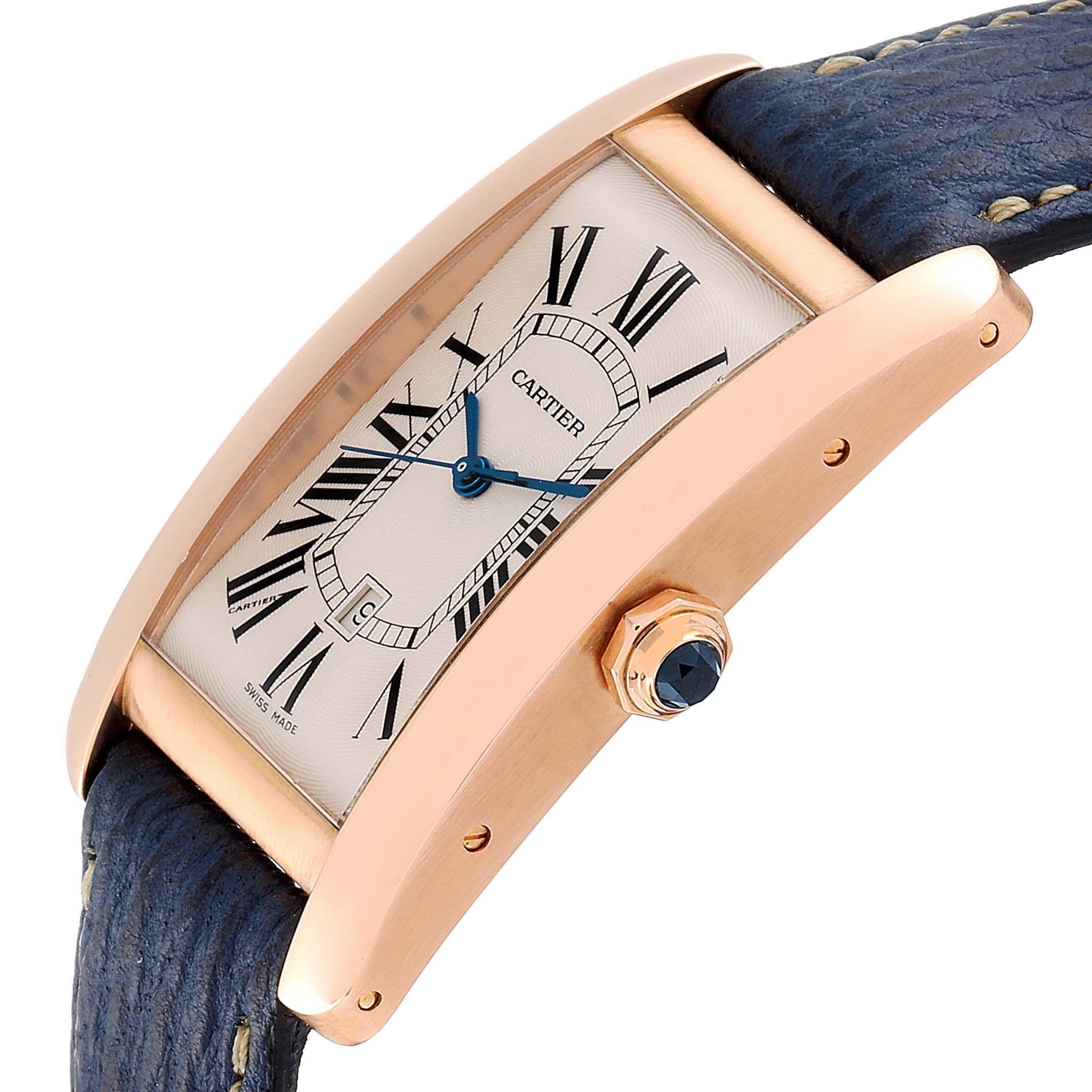 This Cartier Tank Americaine W2609156 Men's Rose Gold Silver Dial W2609156 Men's Rose Gold Silver Dial watch is shown at a close-up side angle, highlighting the dial, crown, and leather strap.