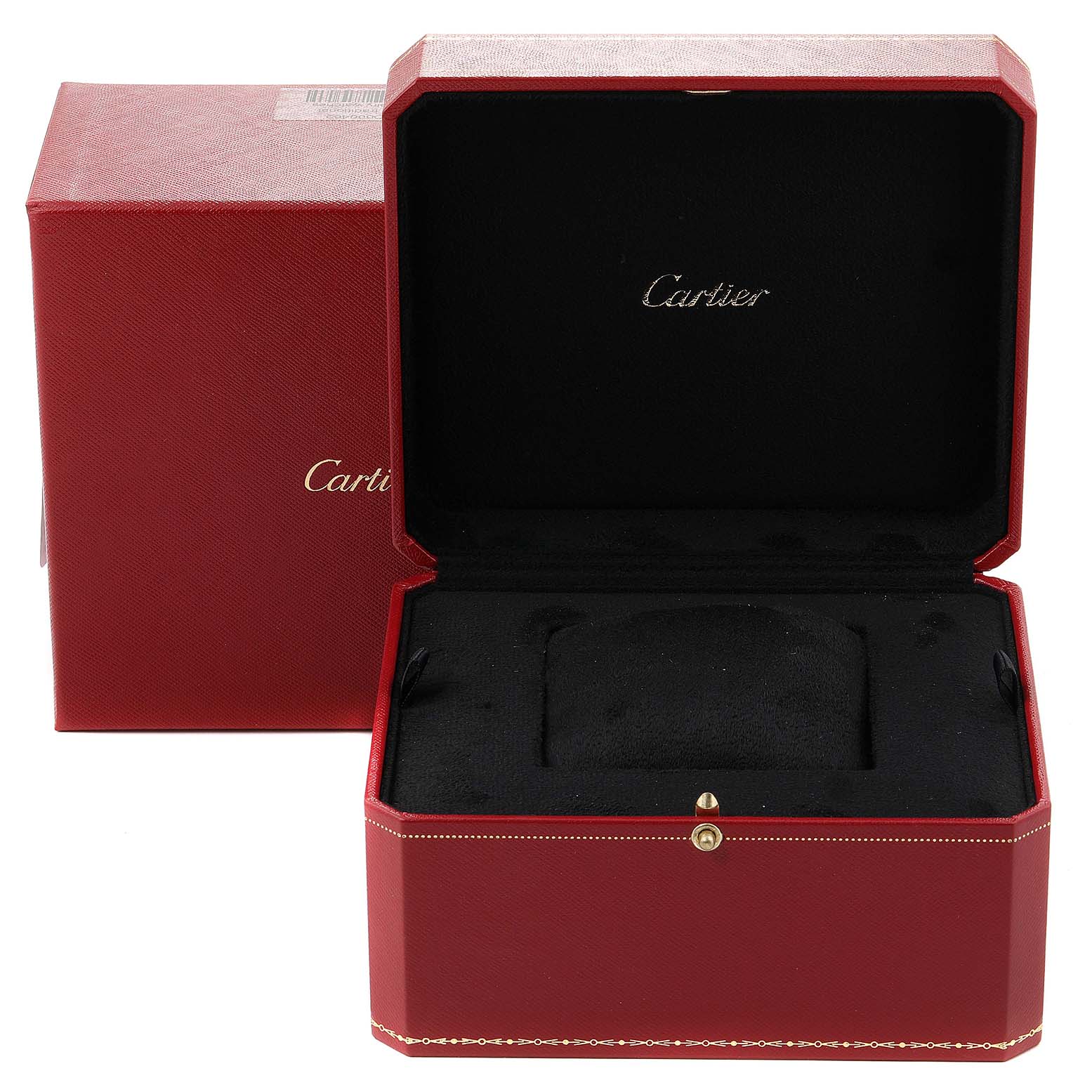 The image shows an open red Cartier watch box with a black interior, used for the Tank Americaine model.