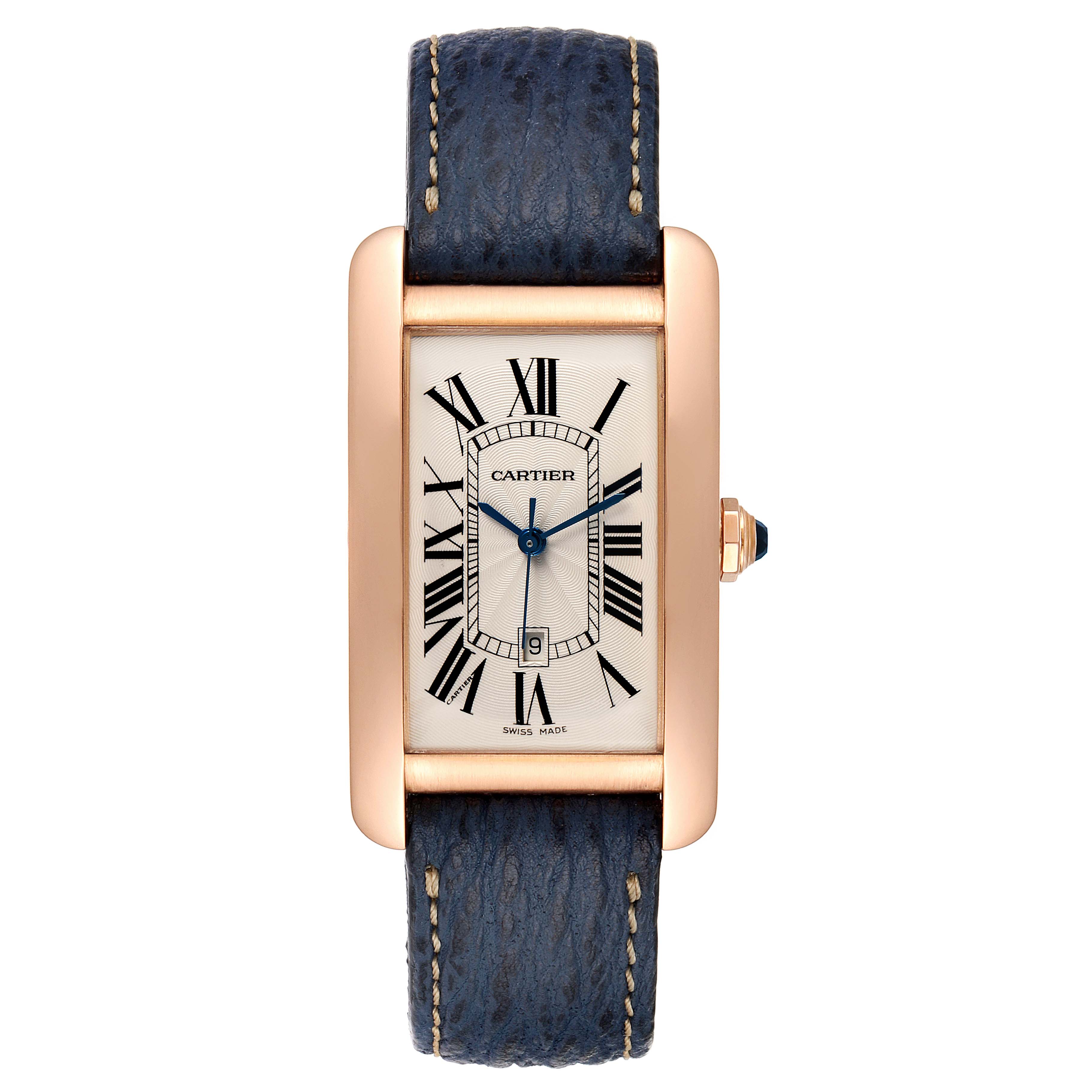This image shows a Cartier Tank Américaine watch from a front view, displaying the dial, case, and leather strap.