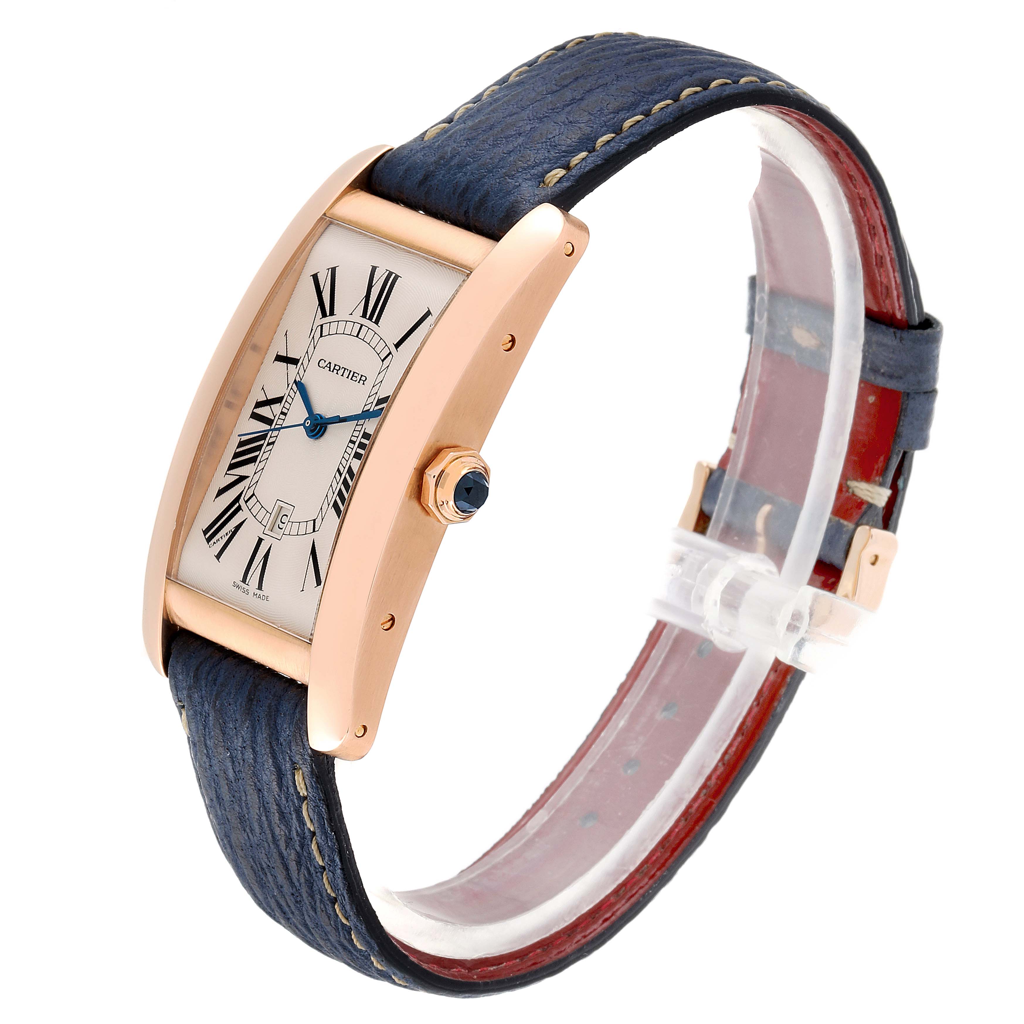 The image shows a Tank Americaine by Cartier at a slight angle, highlighting the watch face, crown, and strap.