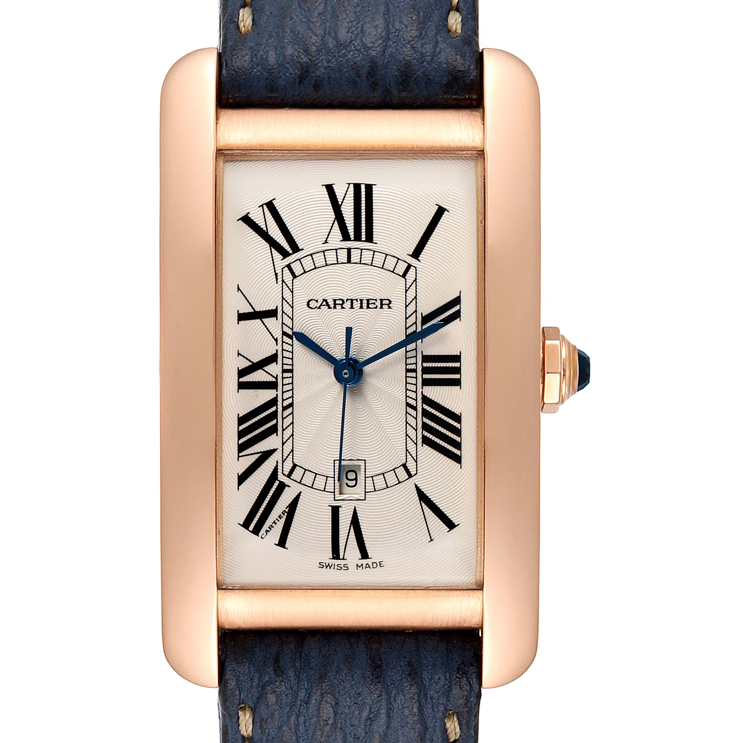 This is a straight-on view of a Cartier Tank Americaine W2609156 Men's Rose Gold Silver Dial W2609156 Men's Rose Gold Silver Dial watch showing the dial, crown, and part of the strap.