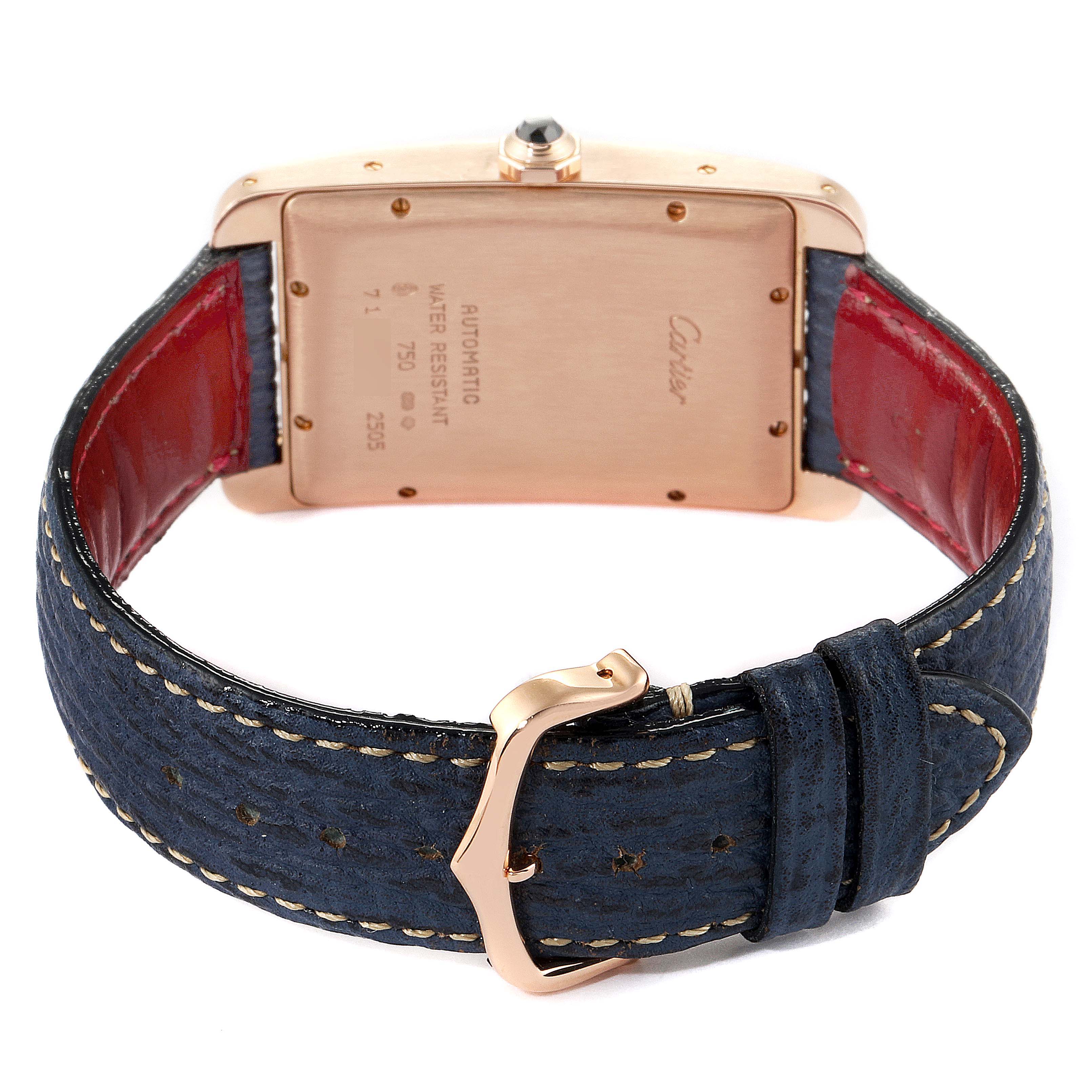 The image shows the back case and leather strap, including the buckle, of the Tank Américaine model by Cartier.