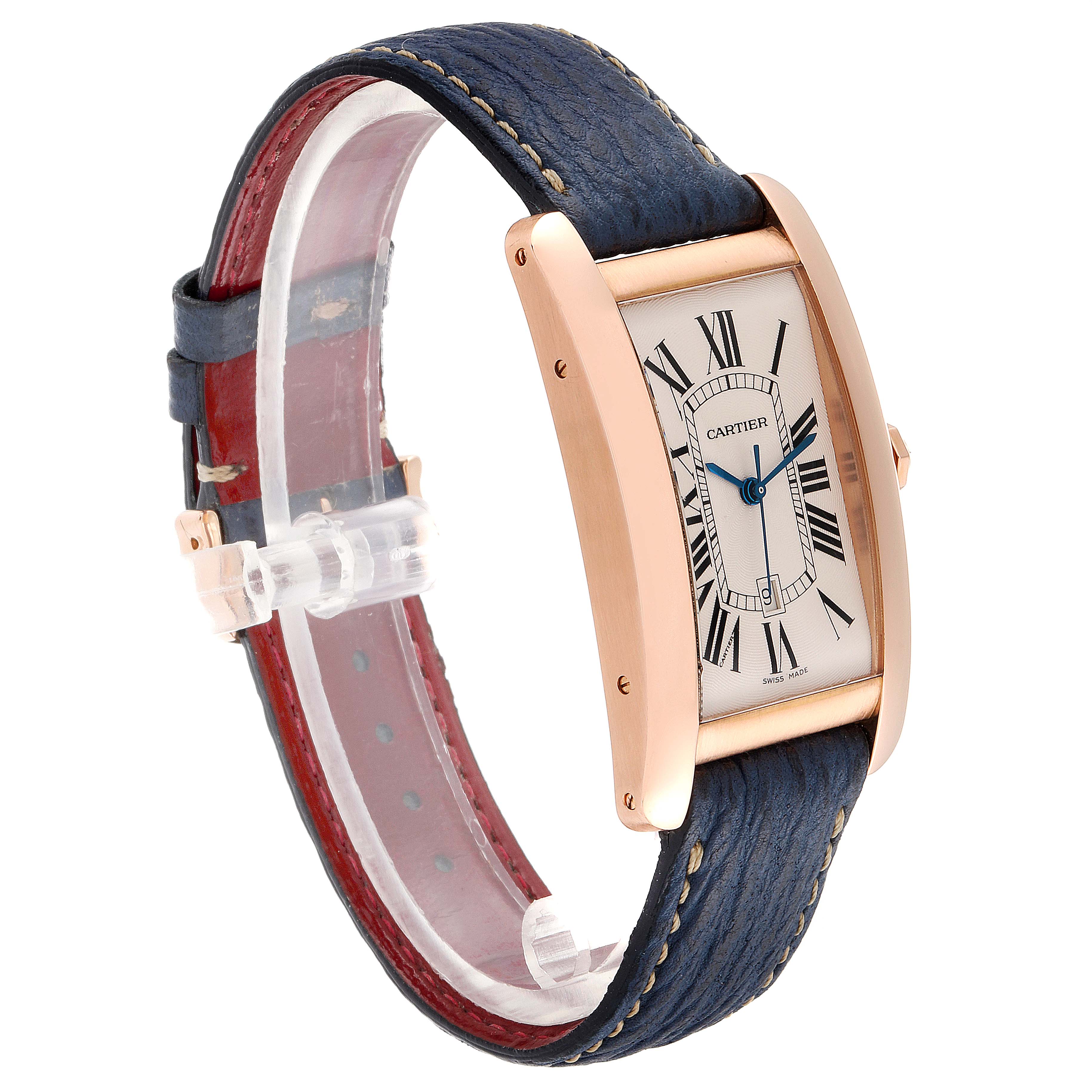 The image shows a Cartier Tank Americaine W2609156 Men's Rose Gold Silver Dial W2609156 Men's Rose Gold Silver Dial watch at a three-quarter angle, highlighting its dial, case, and blue leather strap.