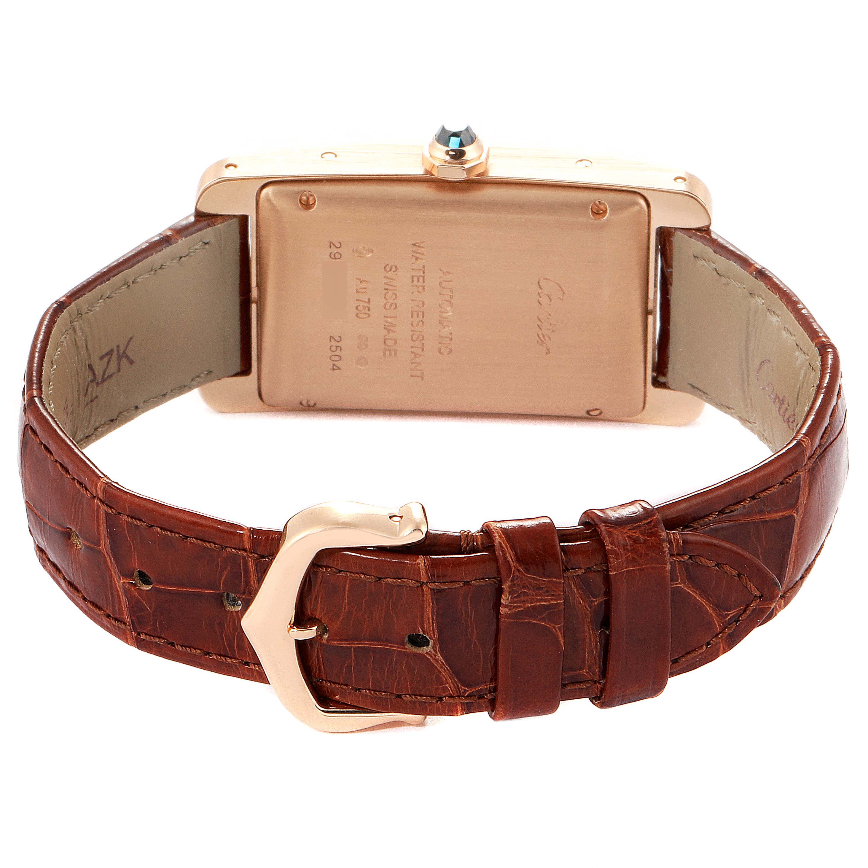 This image shows a rear view of the Cartier Tank Americaine W2620030 Women's Rose Gold Silver Dial W2620030 Women's Rose Gold Silver Dial, highlighting its case back and leather strap with buckle.