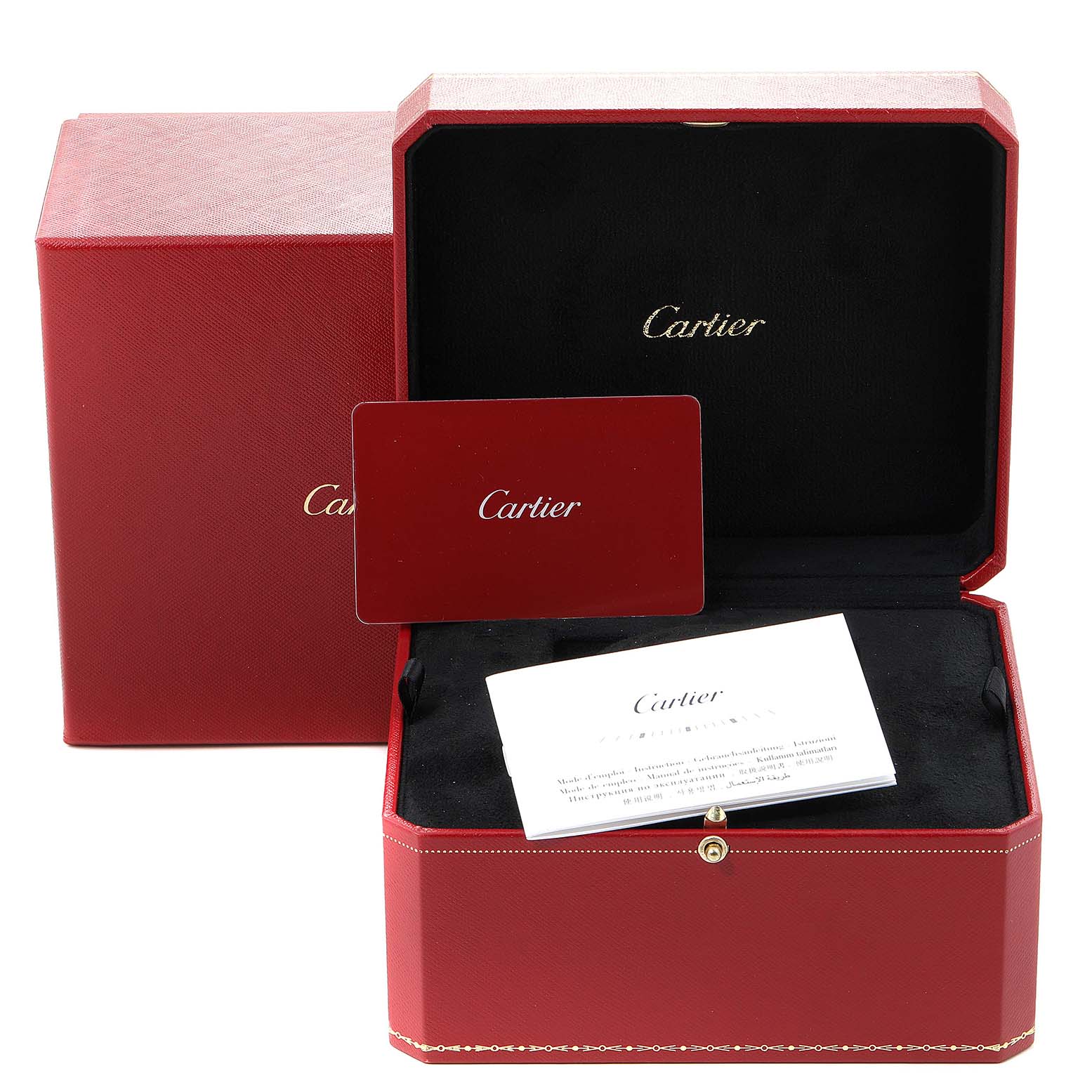The image shows the packaging, card, and documents for a Cartier Tank Américaine watch.