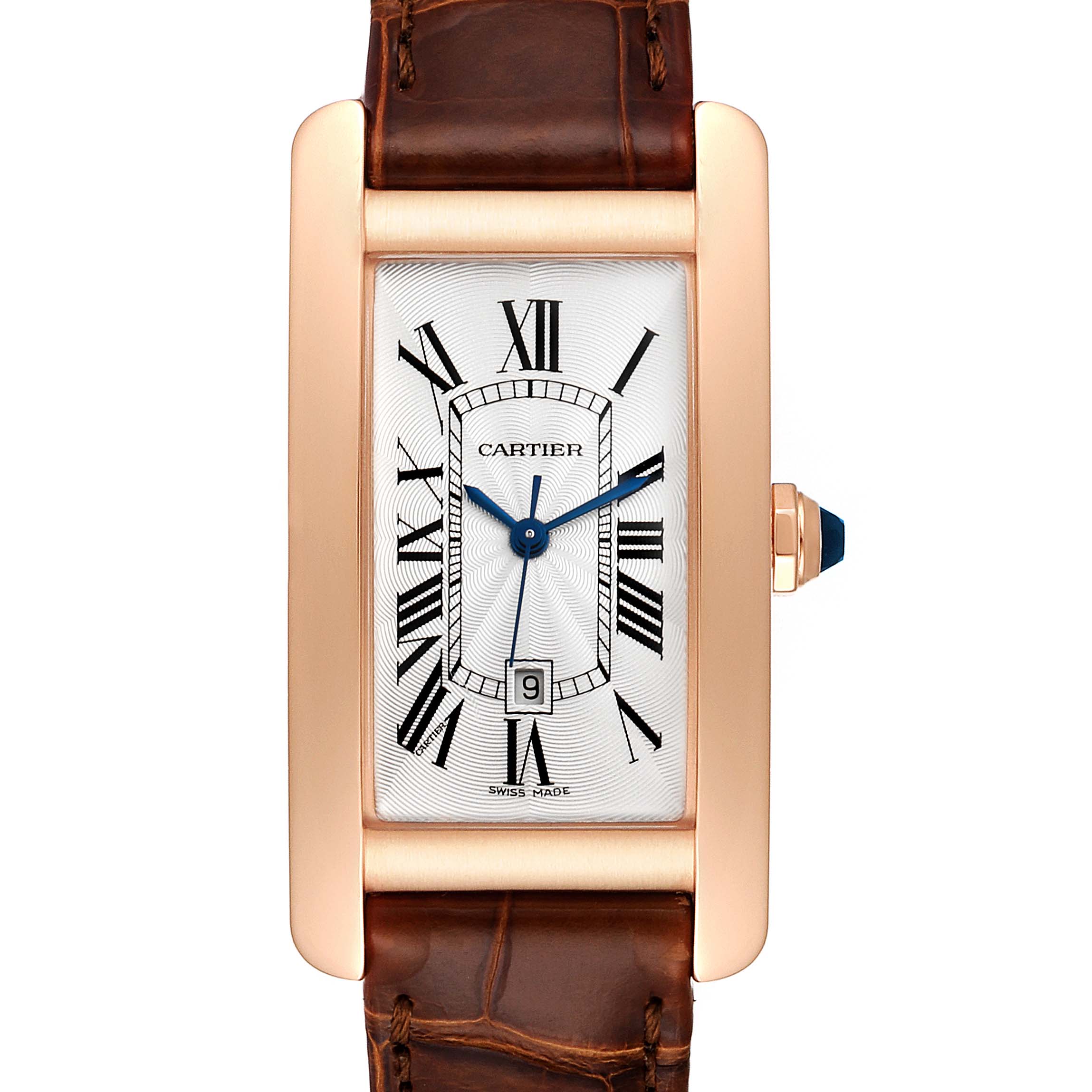 The image shows a front view of the Cartier Tank Americaine W2620030 Women's Rose Gold Silver Dial W2620030 Women's Rose Gold Silver Dial watch, displaying its face, strap, and crown.
