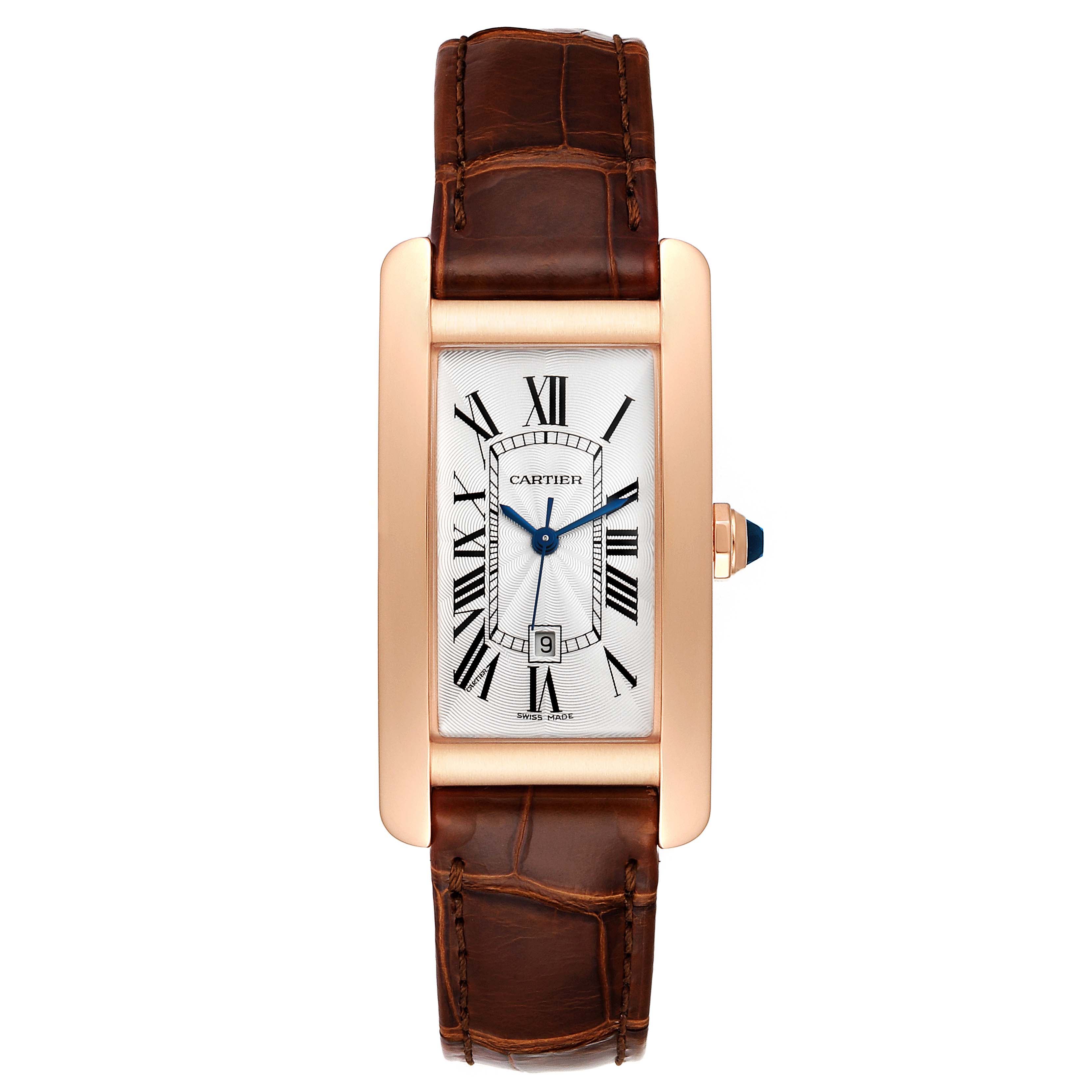 The image shows a front view of the Cartier Tank Américaine watch, displaying its face and brown leather strap.