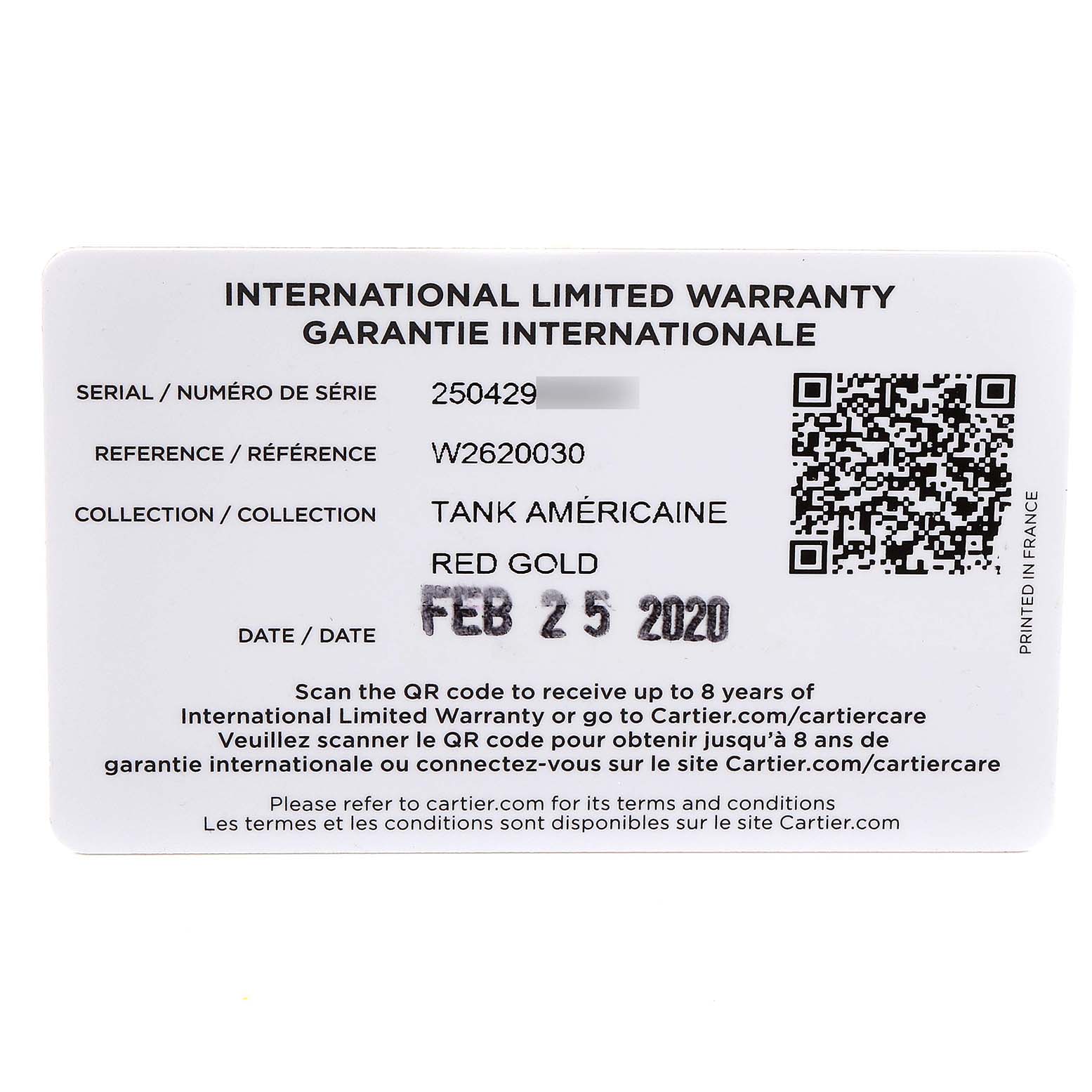 The image shows the front of an International Limited Warranty card for the Cartier Tank Américaine watch model.