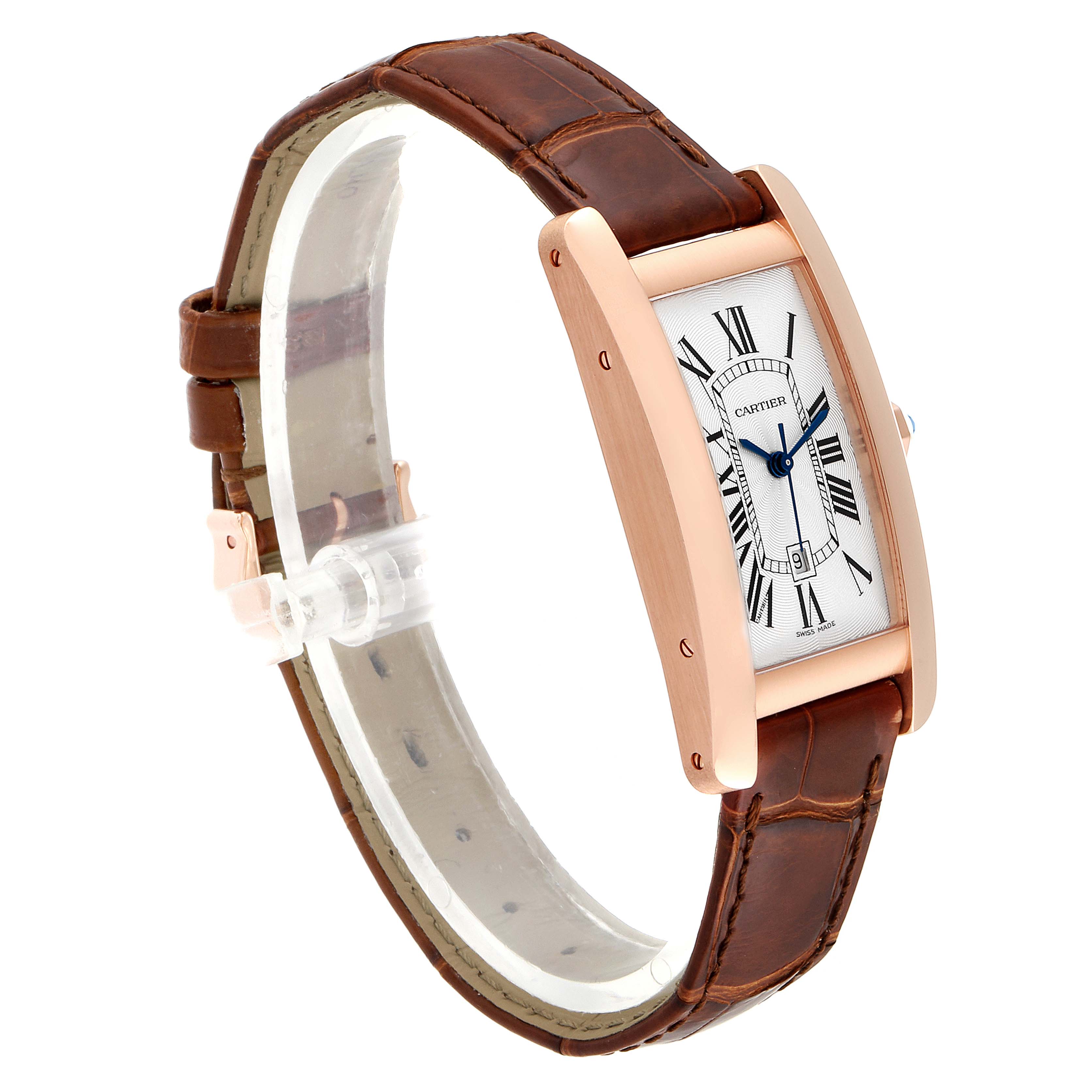 The image shows a Cartier Tank Americaine W2620030 Women's Rose Gold Silver Dial W2620030 Women's Rose Gold Silver Dial watch at a three-quarter angle, highlighting the face, case, and leather strap.