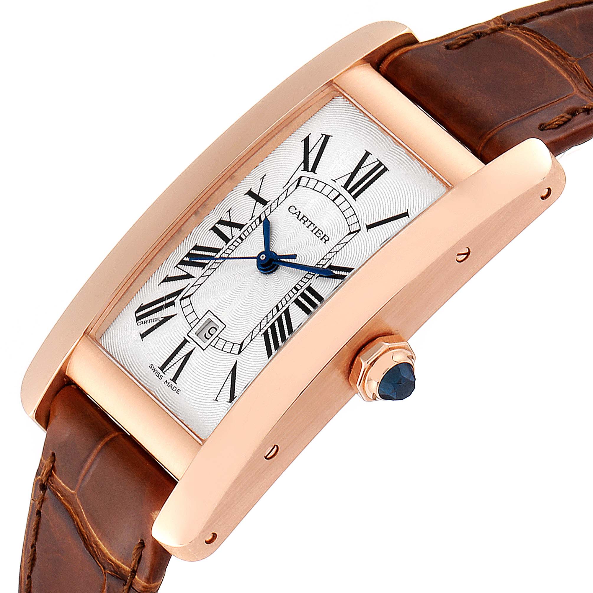 The image shows a Cartier Tank Americaine W2620030 Women's Rose Gold Silver Dial W2620030 Women's Rose Gold Silver Dial watch at an angled view, displaying its face, case, crown, and strap.