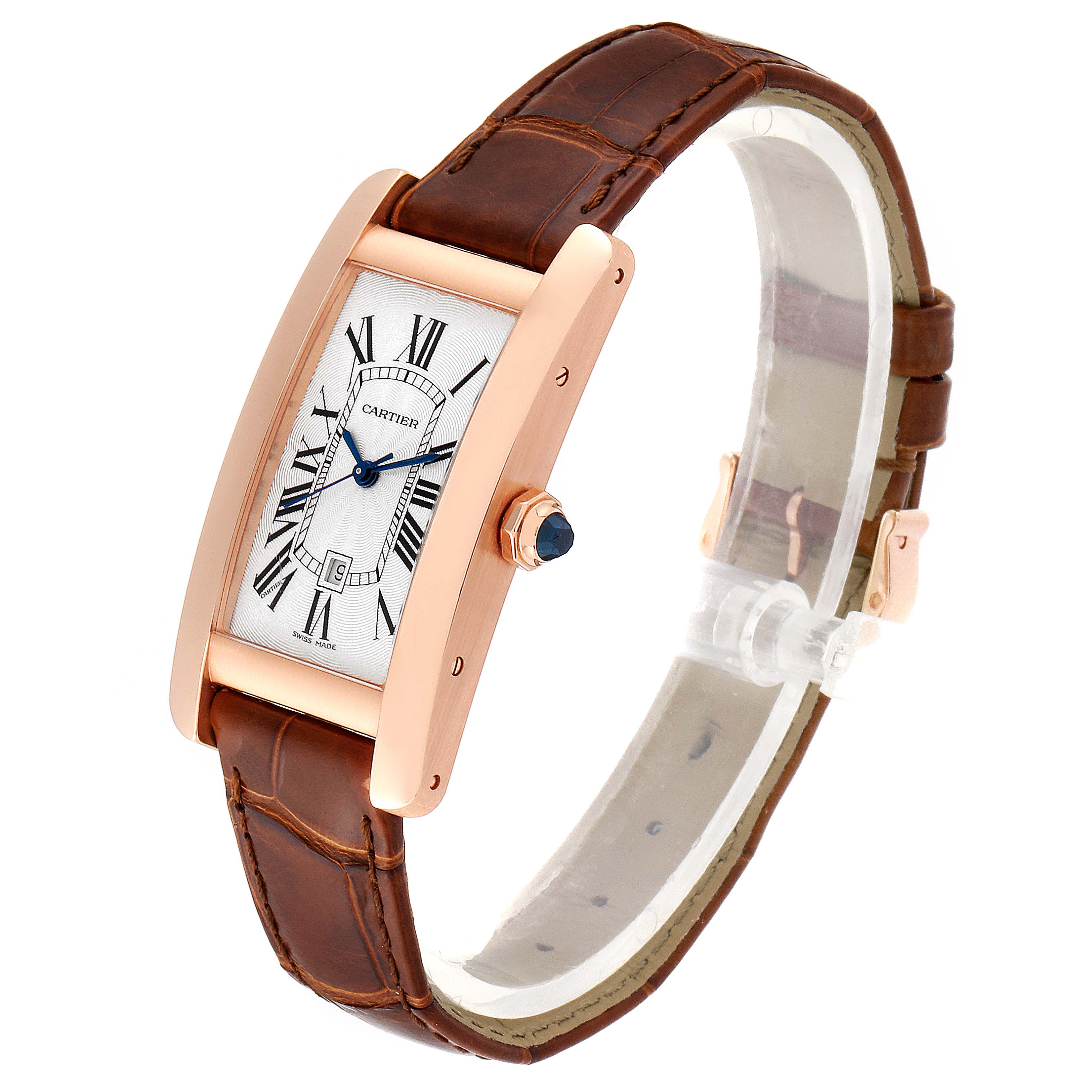 The image shows a Cartier Tank Americaine W2620030 Women's Rose Gold Silver Dial W2620030 Women's Rose Gold Silver Dial watch at an angled view, highlighting its rectangular face, rose gold case, and brown leather strap.