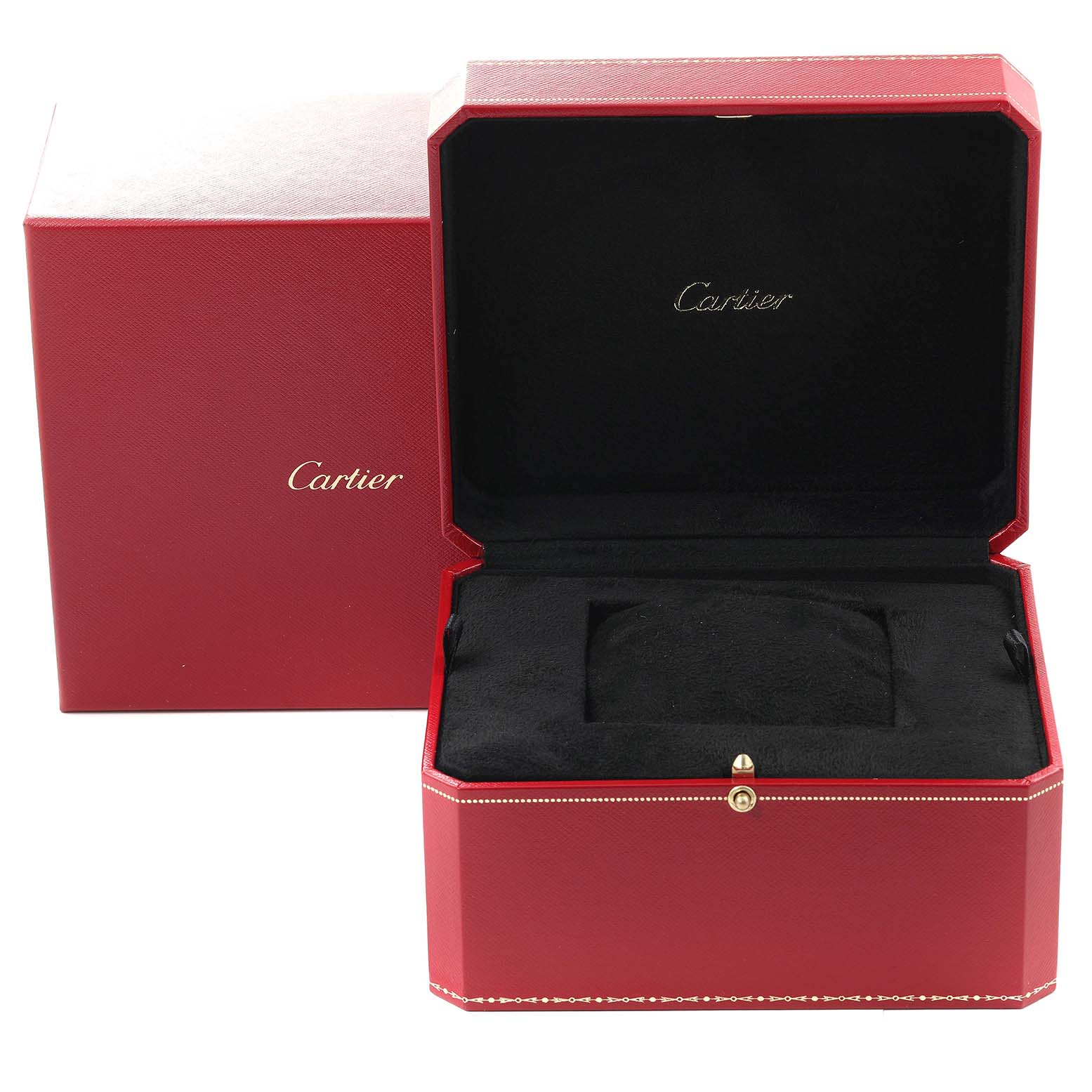 This image shows a red Cartier box with the lid open, showcasing black interior padding for the Tank Americaine model watch.
