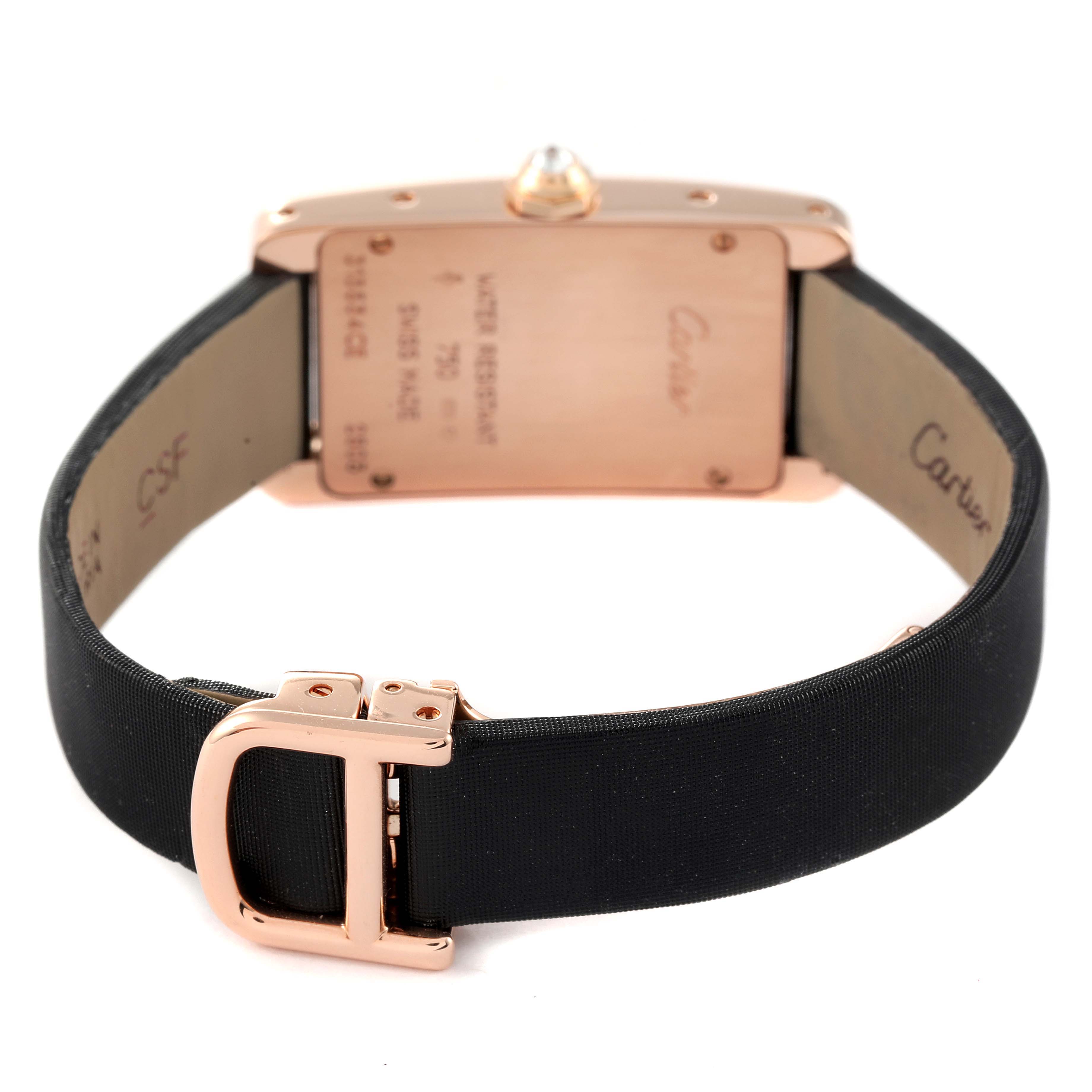 The image shows the back case, strap, and buckle of the Cartier Tank Americaine WJTA0002 Women's Rose Gold Silver Dial WJTA0002 Women's Rose Gold Silver Dial watch, viewed from the rear.