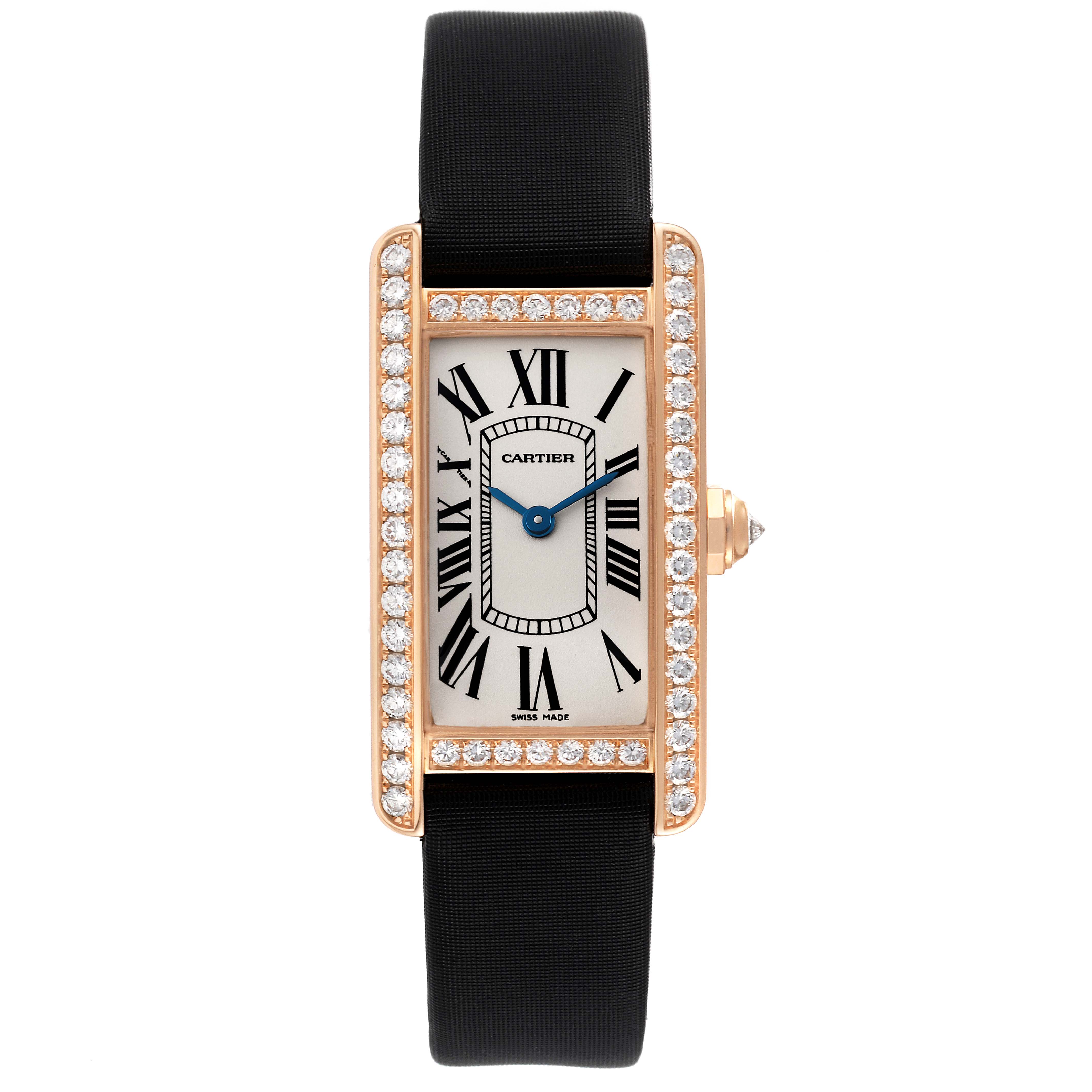 This Cartier Tank Americaine WJTA0002 Women's Rose Gold Silver Dial WJTA0002 Women's Rose Gold Silver Dial watch is shown from the front, highlighting its rectangular face, diamond bezel, black strap, and Roman numerals.
