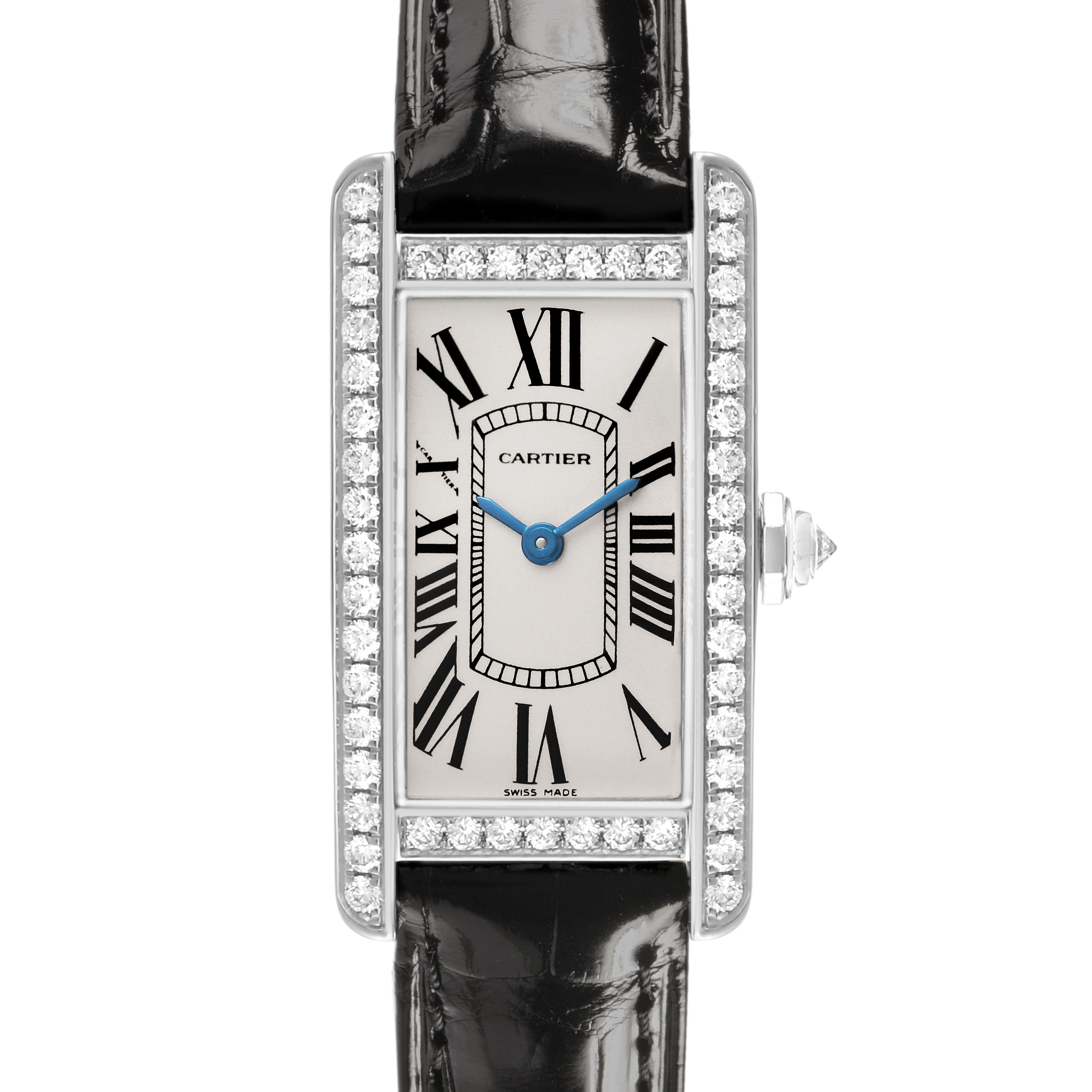 The Cartier Tank Americaine WB707331 Women's White Gold Silver Dial watch is shown from the front, displaying its rectangular face, Roman numerals, and diamond bezel.