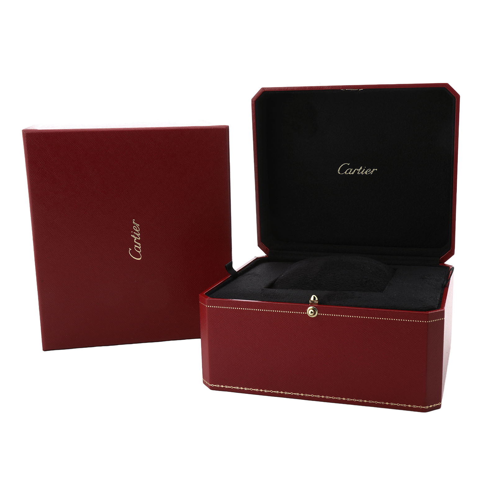 The image shows an open and closed Cartier watch box for the Tank Americaine model.
