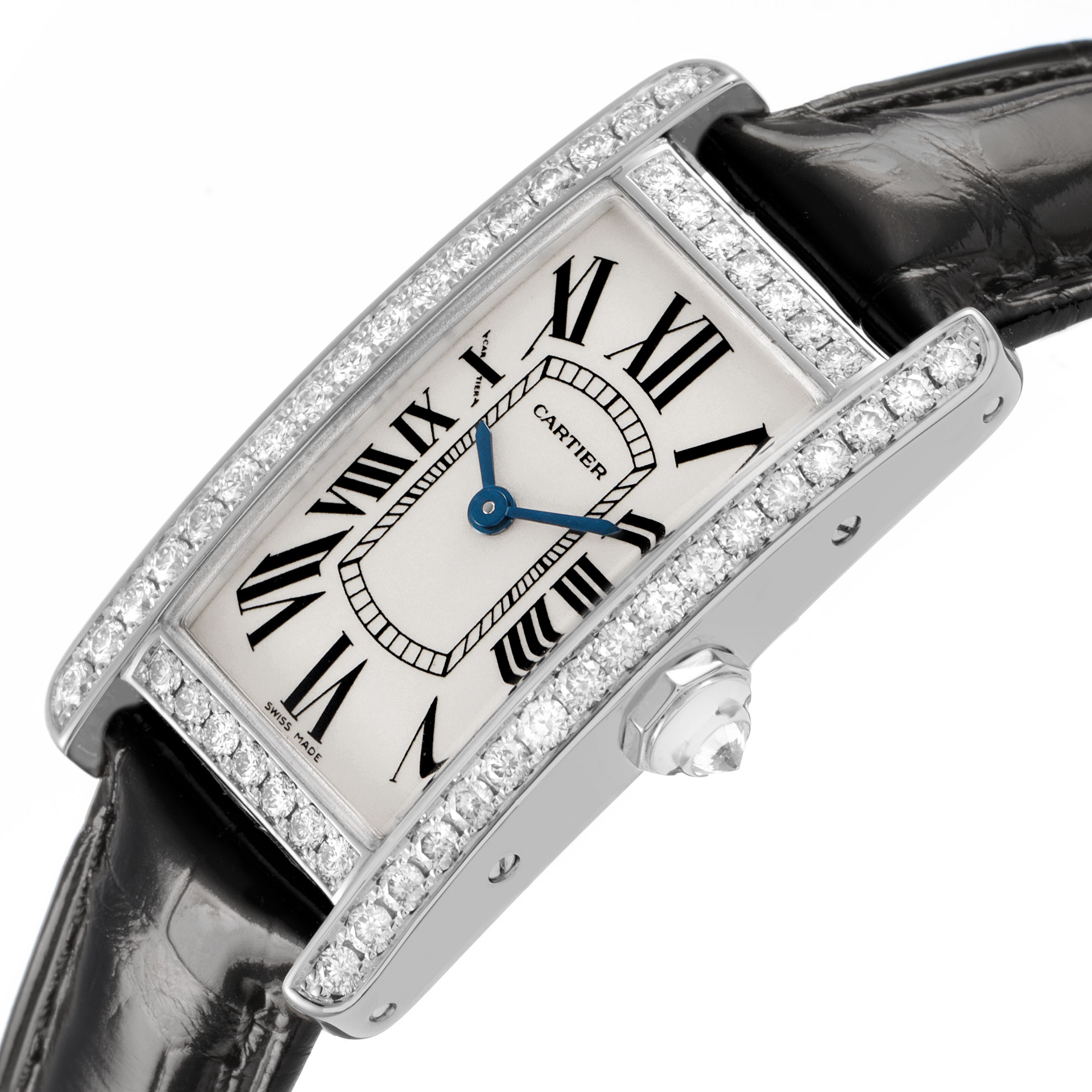 The Cartier Tank Américaine watch is shown at an angle highlighting its rectangular face, diamond-set case, and black leather strap.