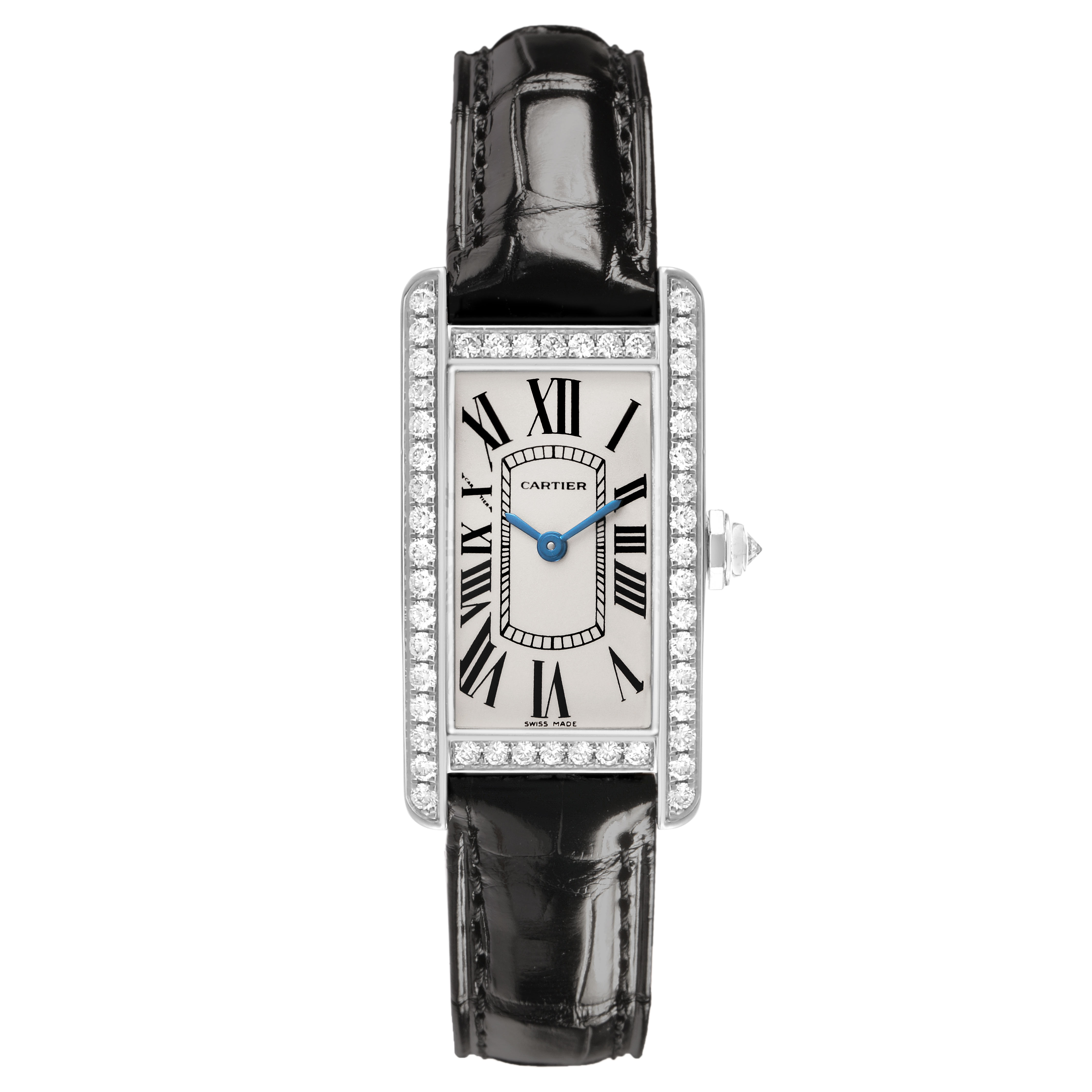 The Cartier Tank Américaine watch is shown from a top-down angle, displaying its rectangular face, Roman numerals, diamond-set case, and leather strap.