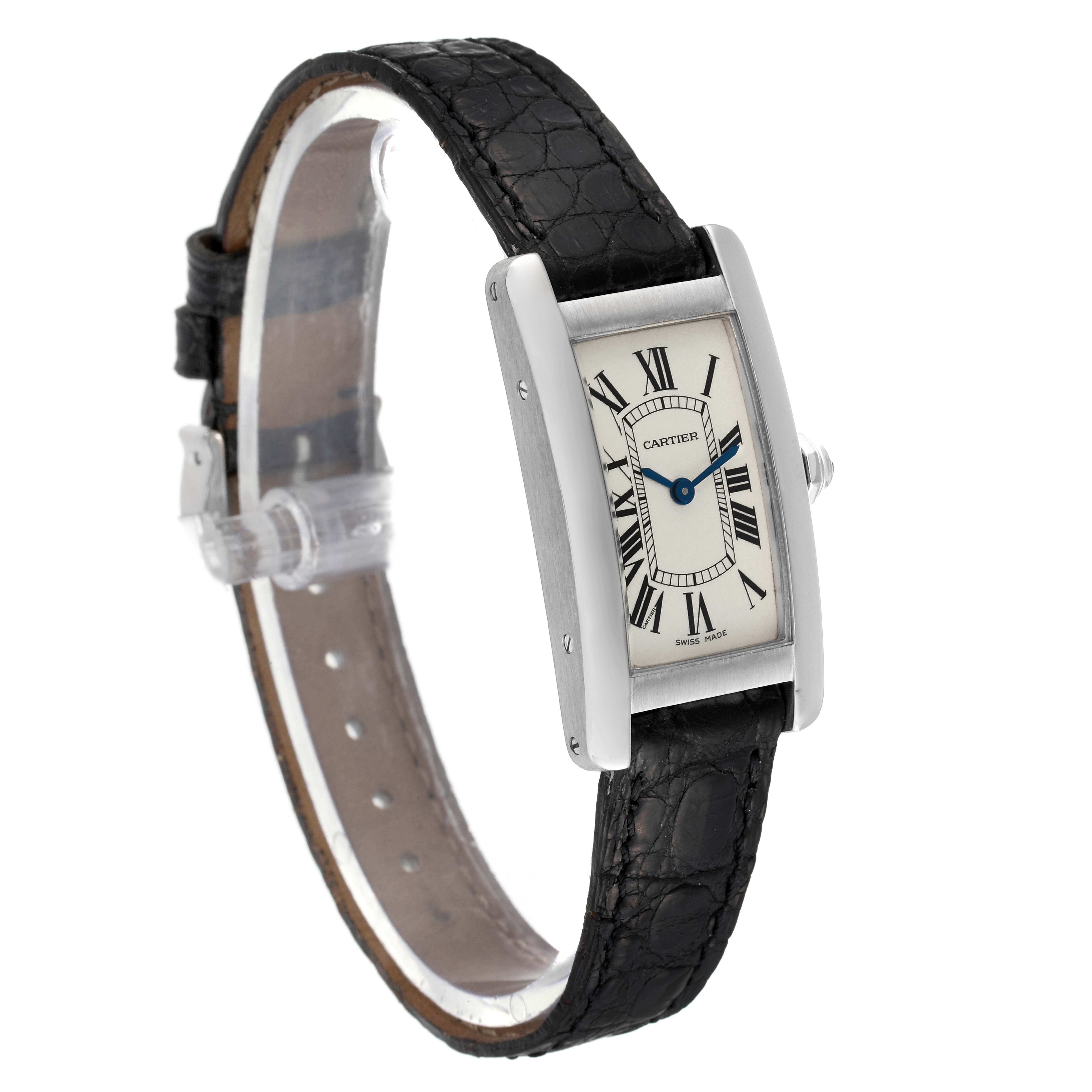 This image shows a Cartier Tank Americaine W2601956 Women's White Gold Silver Dial W2601956 Women's White Gold Silver Dial model watch at a slight angle, highlighting its rectangular face and black leather strap.