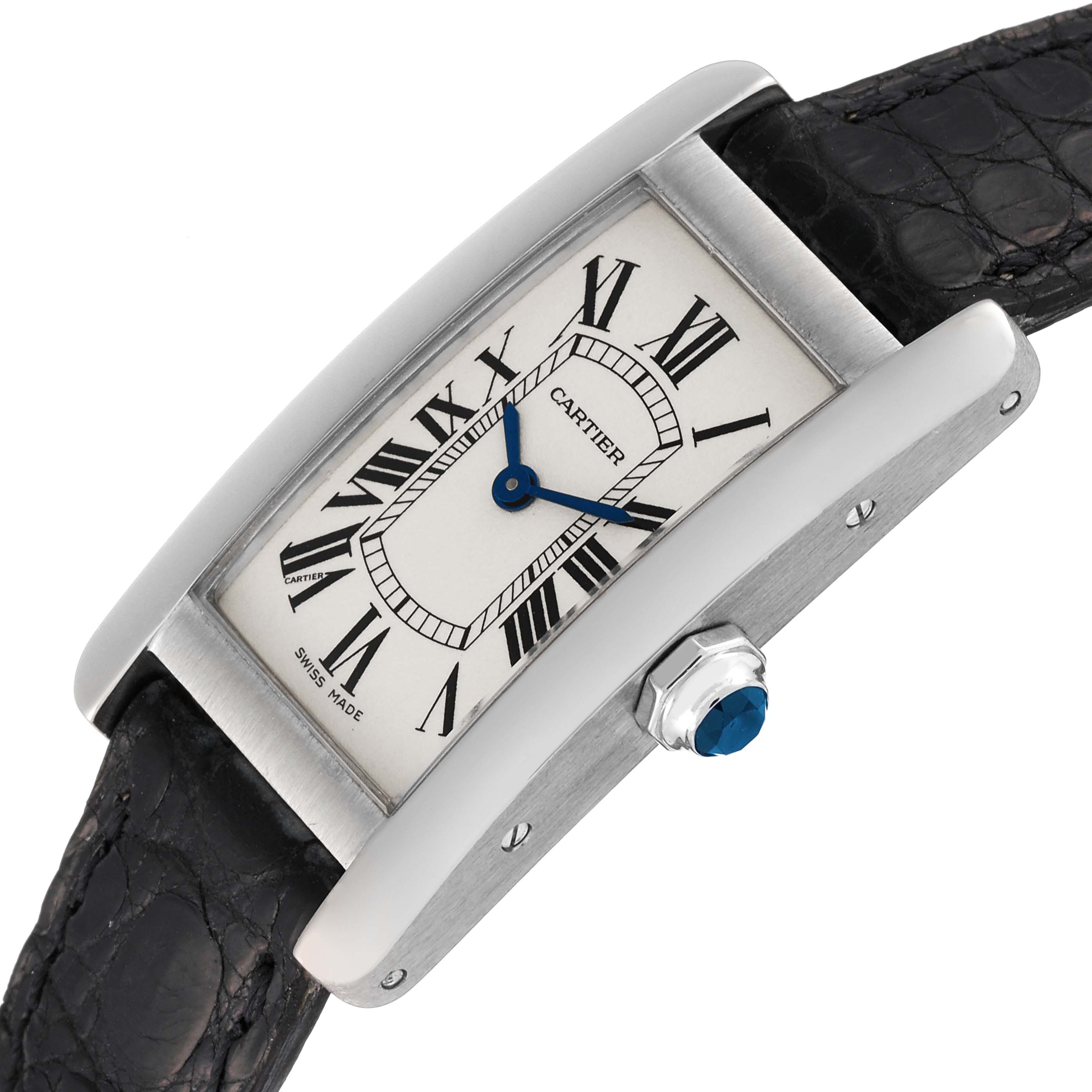 The Cartier Tank Americaine W2601956 Women's White Gold Silver Dial W2601956 Women's White Gold Silver Dial watch is shown at an angle displaying its face, Roman numerals, and part of the leather strap.
