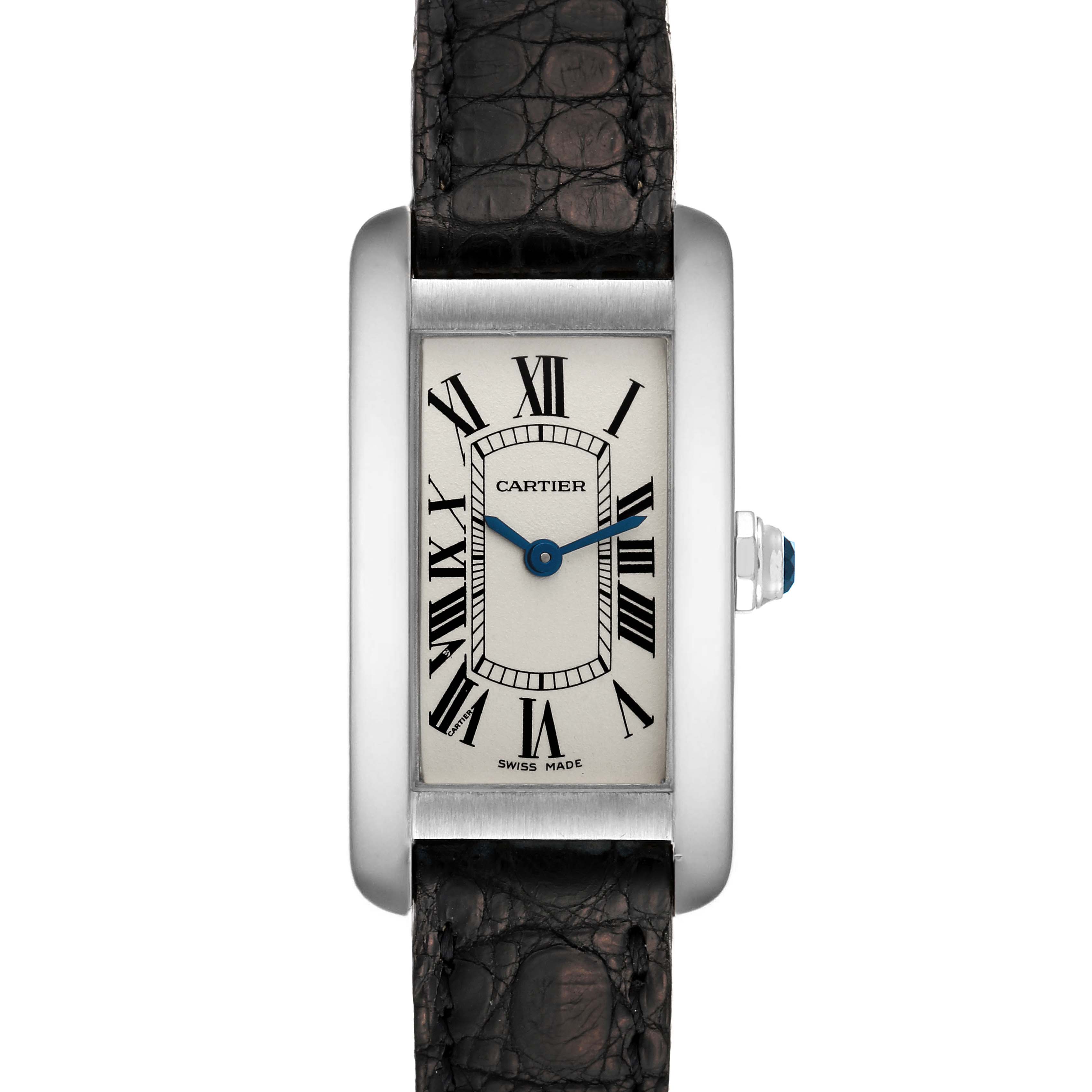 This image shows a front view of the Cartier Tank Americaine W2601956 Women's White Gold Silver Dial W2601956 Women's White Gold Silver Dial watch, highlighting its face and strap.