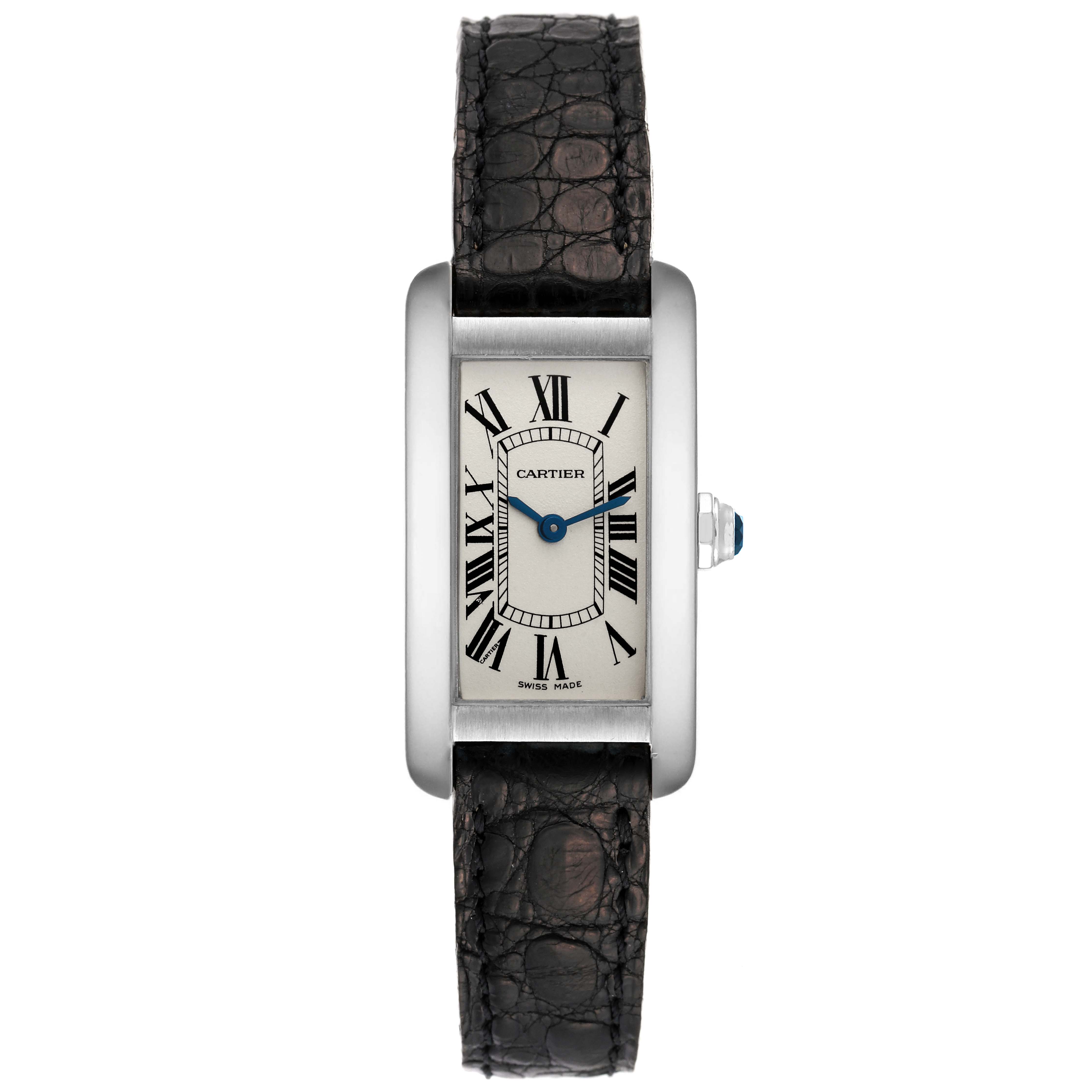 This image shows a front view of the Cartier Tank Americaine W2601956 Women's White Gold Silver Dial W2601956 Women's White Gold Silver Dial watch, featuring its dial with Roman numerals and leather strap.