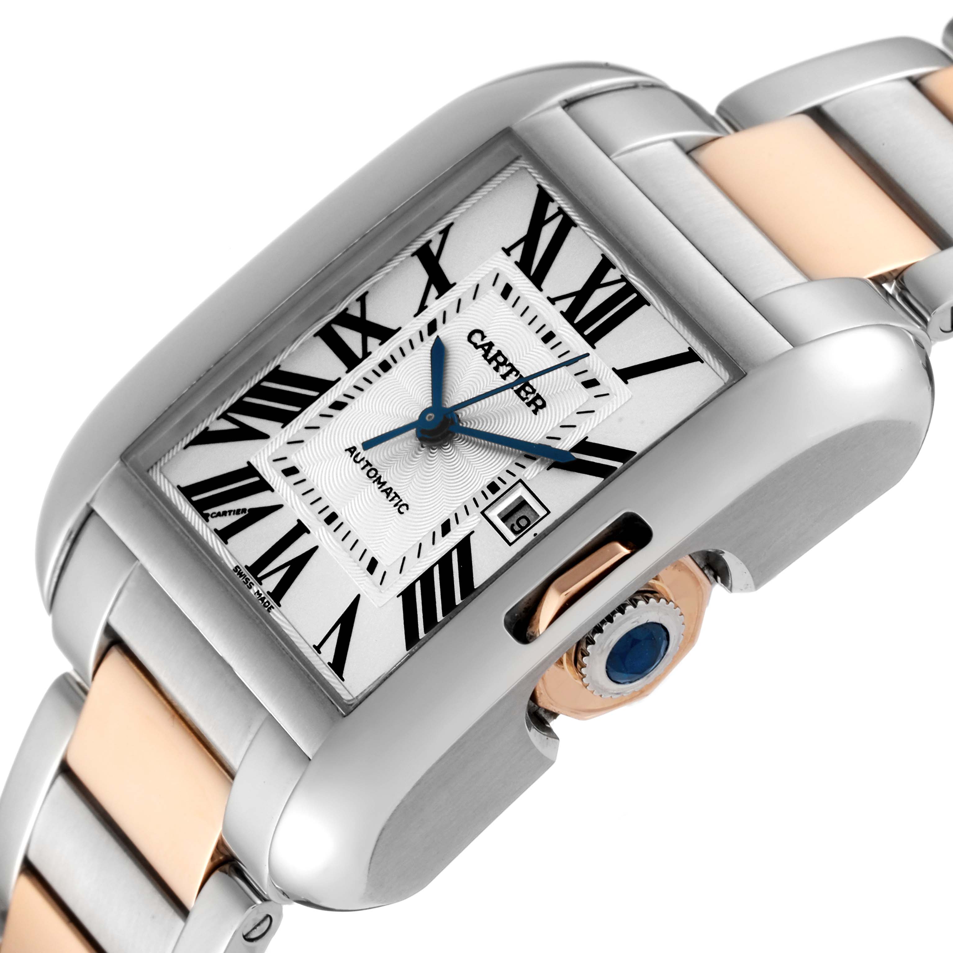 This Cartier Tank Anglaise W5310037 Men's Steel and Gold (two tone) Silver Dial W5310037 Men's Steel and Gold (two tone) Silver Dial watch is shown at an angled view, highlighting the dial, case, crown, and part of the bracelet.