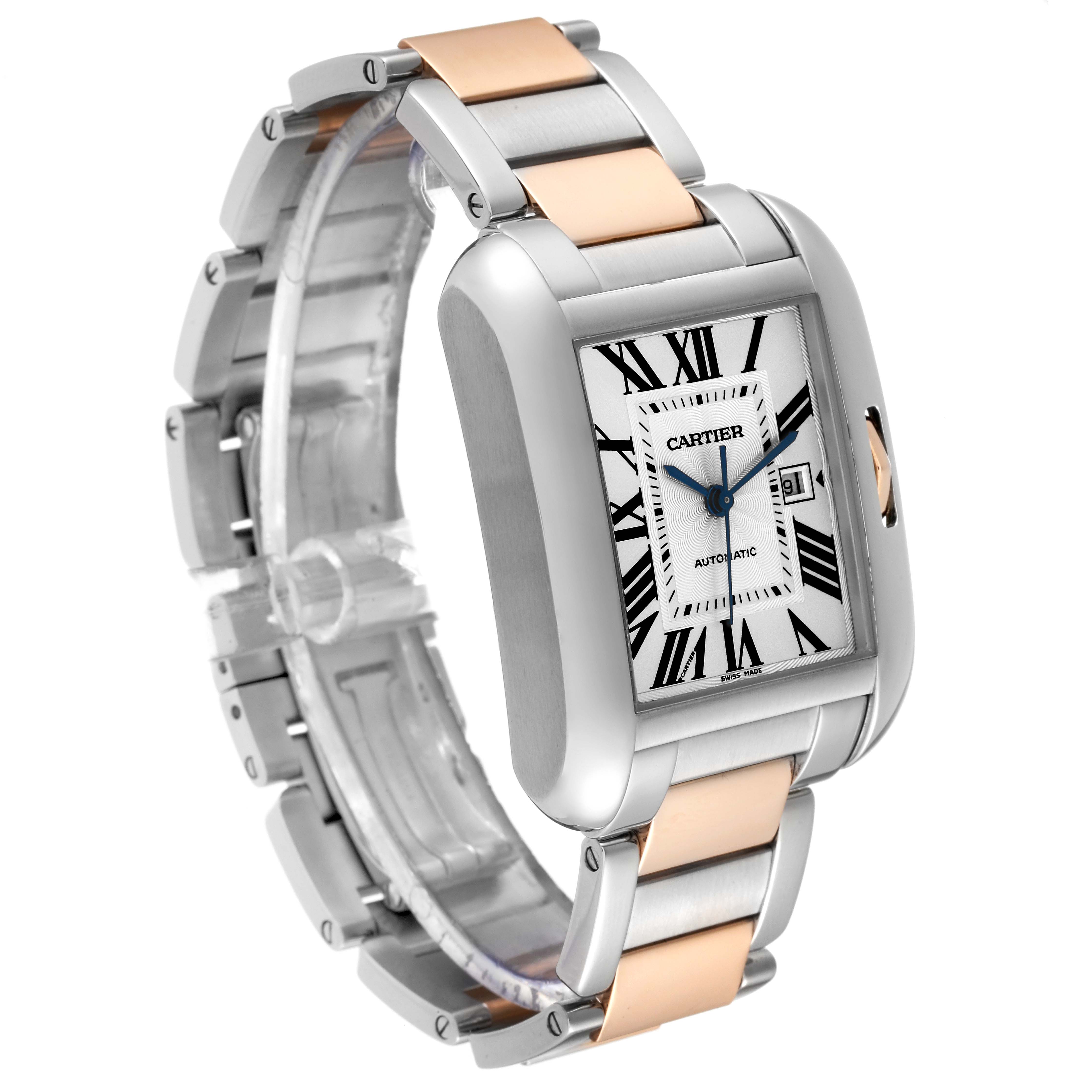 The image shows a Cartier Tank Anglaise W5310037 Men's Steel and Gold (two tone) Silver Dial W5310037 Men's Steel and Gold (two tone) Silver Dial watch at a three-quarter angle, highlighting its face, case, and metal bracelet.