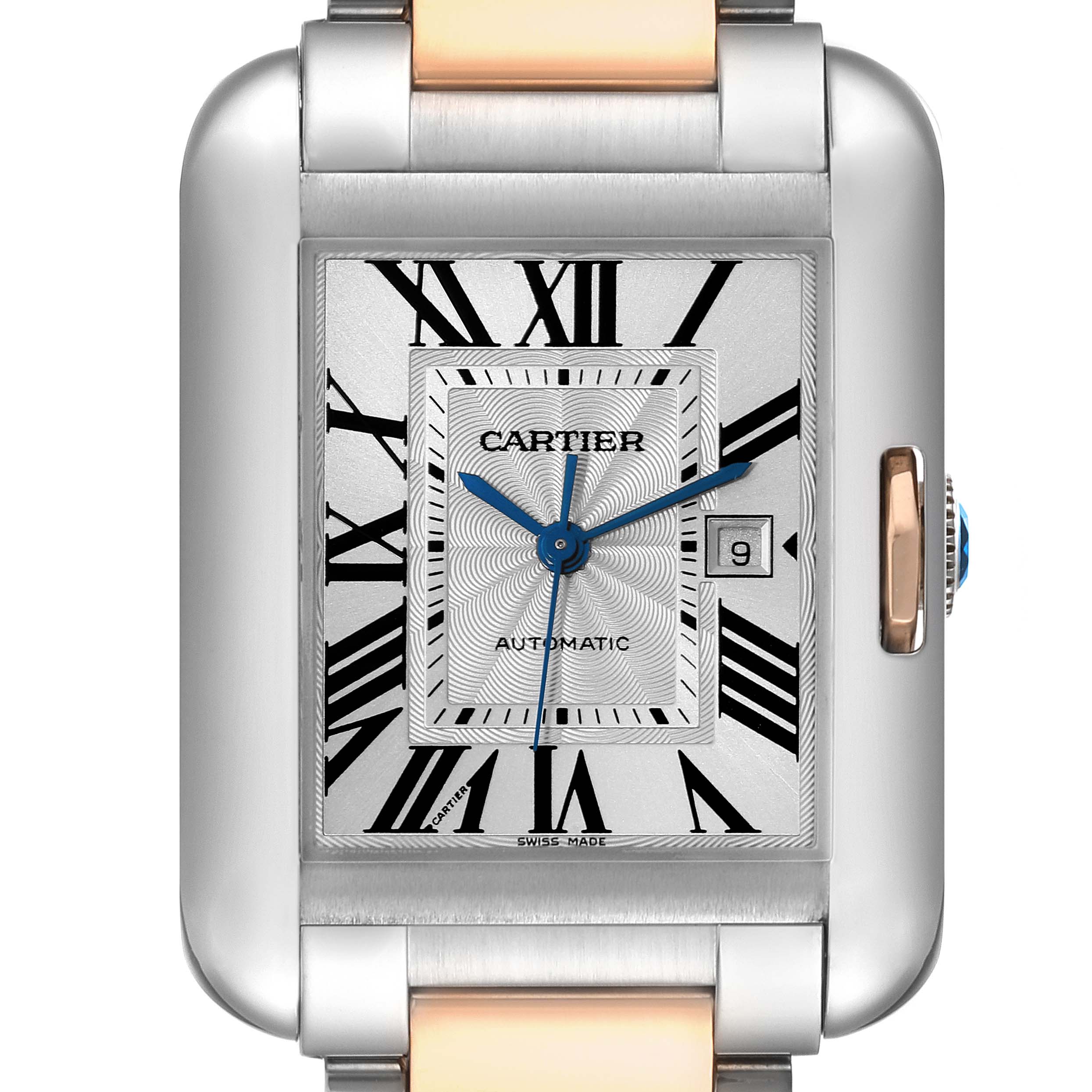 The image showcases a front view of the Tank Anglaise model by Cartier, highlighting its face, Roman numerals, and date display.