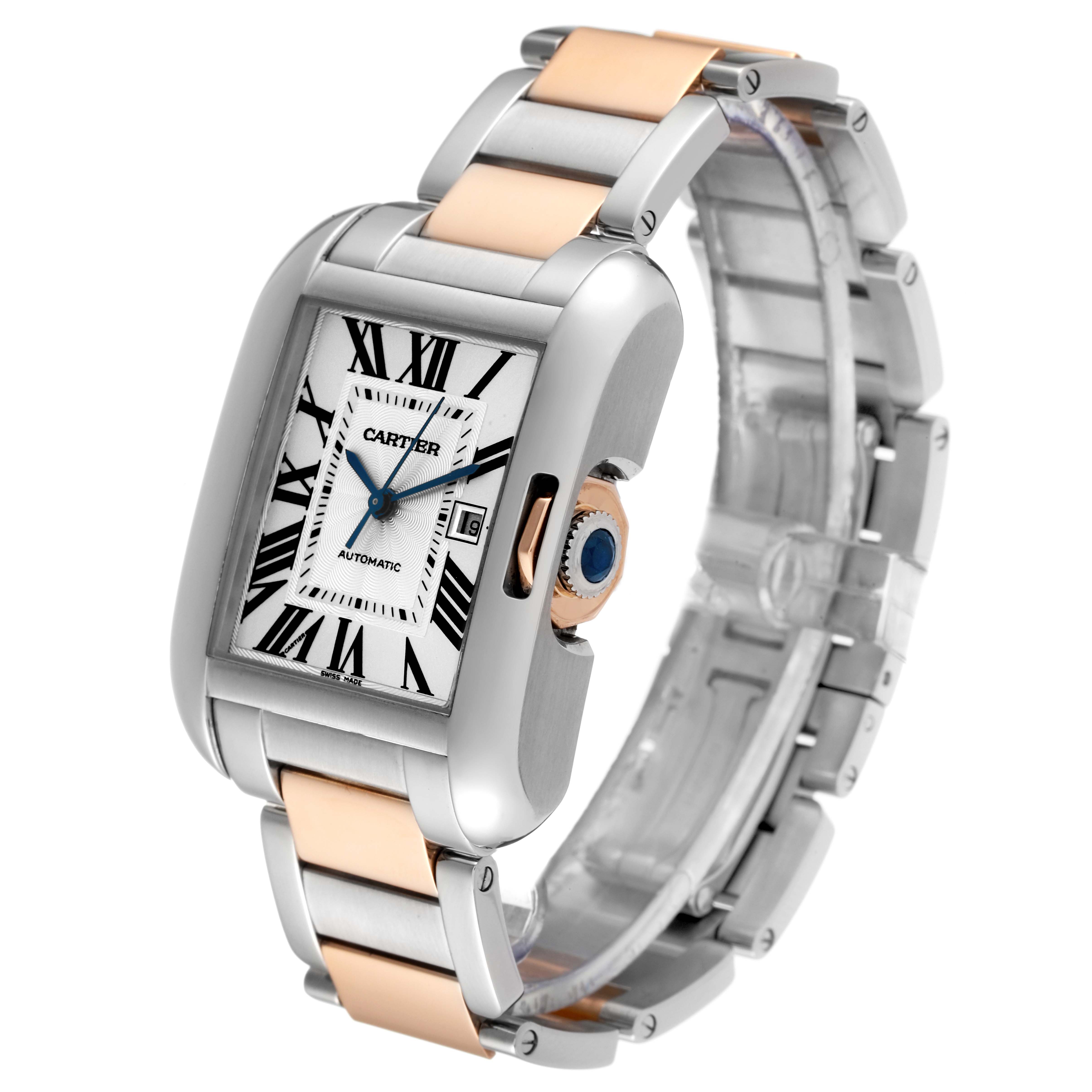 The image displays a Tank Anglaise by Cartier at a 3/4 angle, showcasing the dial, bezel, crown, and two-tone bracelet.