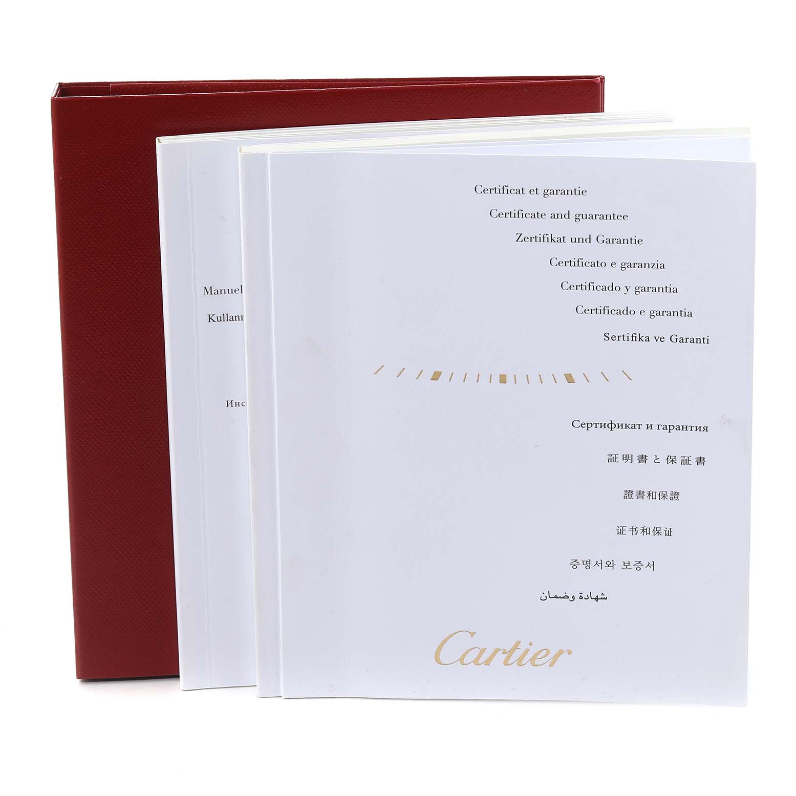 The image shows the certificate and manual in different languages for the Cartier Tank Anglaise W5310037 Men's Steel and Gold (two tone) Silver Dial W5310037 Men's Steel and Gold (two tone) Silver Dial watch, along with a red cover case.